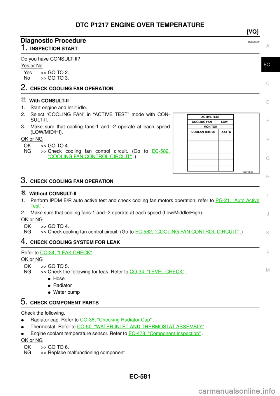 NISSAN TEANA 2003  Service Manual DTC P1217 ENGINE OVER TEMPERATURE
EC-581
[VQ]
C
D
E
F
G
H
I
J
K
L
MA
EC
 
Diagnostic ProcedureBBS0052Y
1. INSPECTION START
Do you have CONSULT-II?
Ye s  o r  N o
Ye s > > G O  T O  2 .
No >> GO TO 3.
