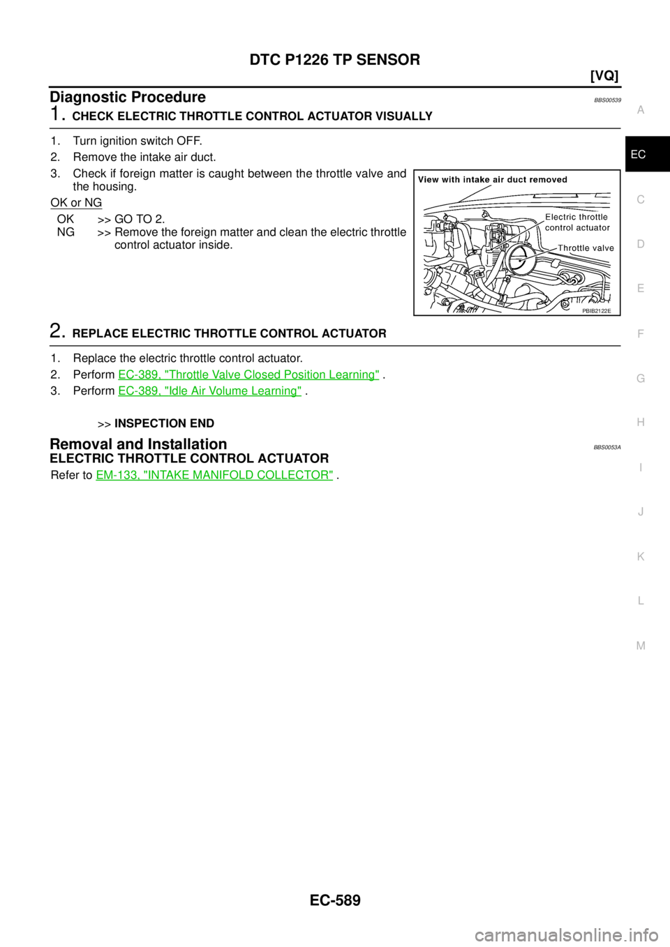 NISSAN TEANA 2003  Service Manual DTC P1226 TP SENSOR
EC-589
[VQ]
C
D
E
F
G
H
I
J
K
L
MA
EC
 
Diagnostic ProcedureBBS00539
1. CHECK ELECTRIC THROTTLE CONTROL ACTUATOR VISUALLY
1. Turn ignition switch OFF.
2. Remove the intake air duct
