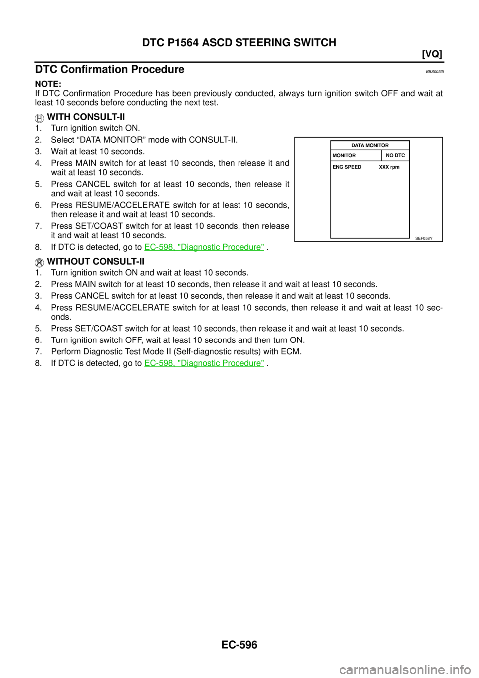 NISSAN TEANA 2003  Service Manual EC-596
[VQ]
DTC P1564 ASCD STEERING SWITCH
 
DTC Confirmation ProcedureBBS0053I
NOTE:
If DTC Confirmation Procedure has been previously conducted, always turn ignition switch OFF and wait at
least 10 