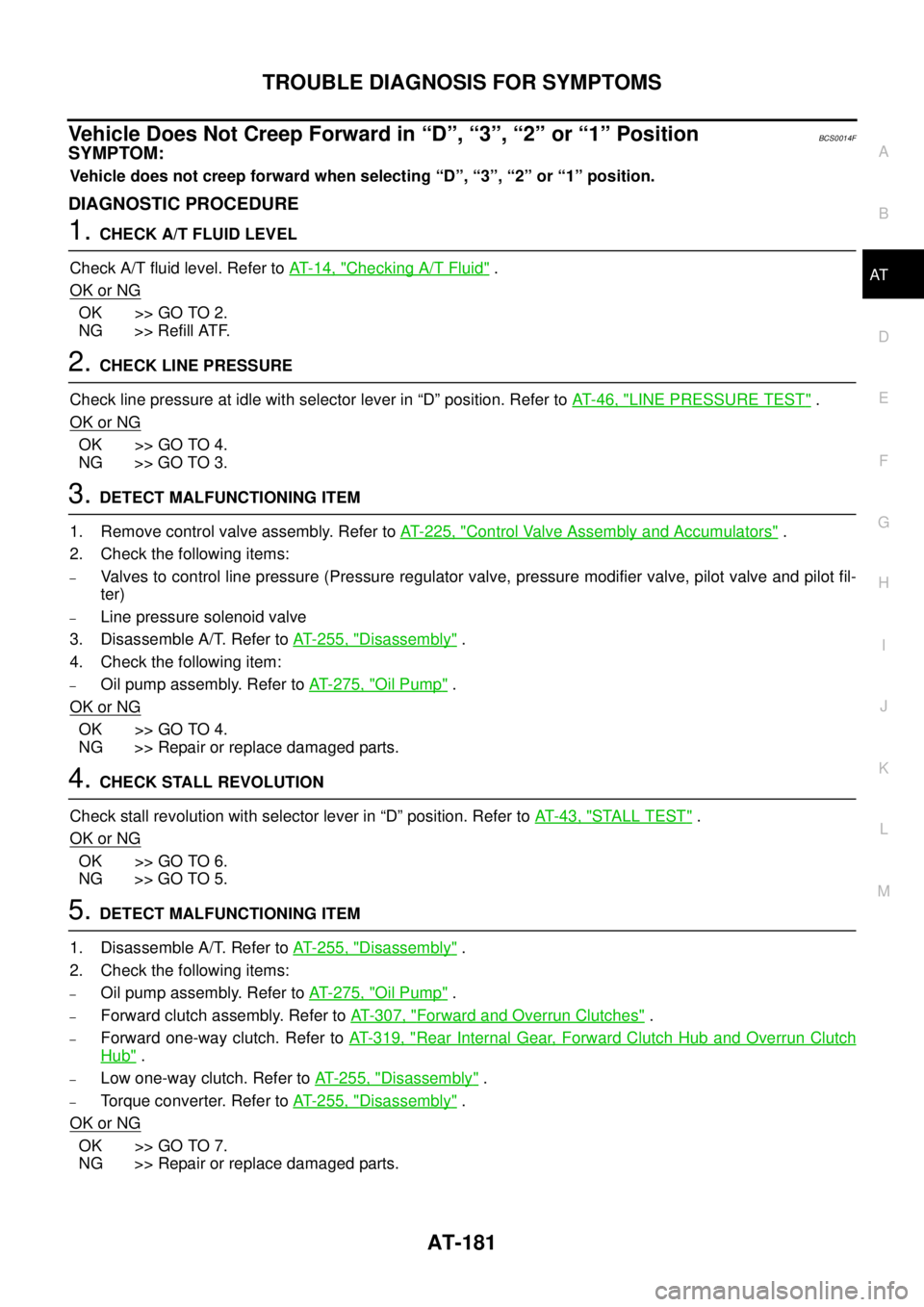 NISSAN TEANA 2003  Service Manual TROUBLE DIAGNOSIS FOR SYMPTOMS
AT-181
D
E
F
G
H
I
J
K
L
MA
B
AT
 
Vehicle Does Not Creep Forward in “D”, “3”, “2” or “1” Position BCS0014F
SYMPTOM:
Vehicle does not creep forward when 