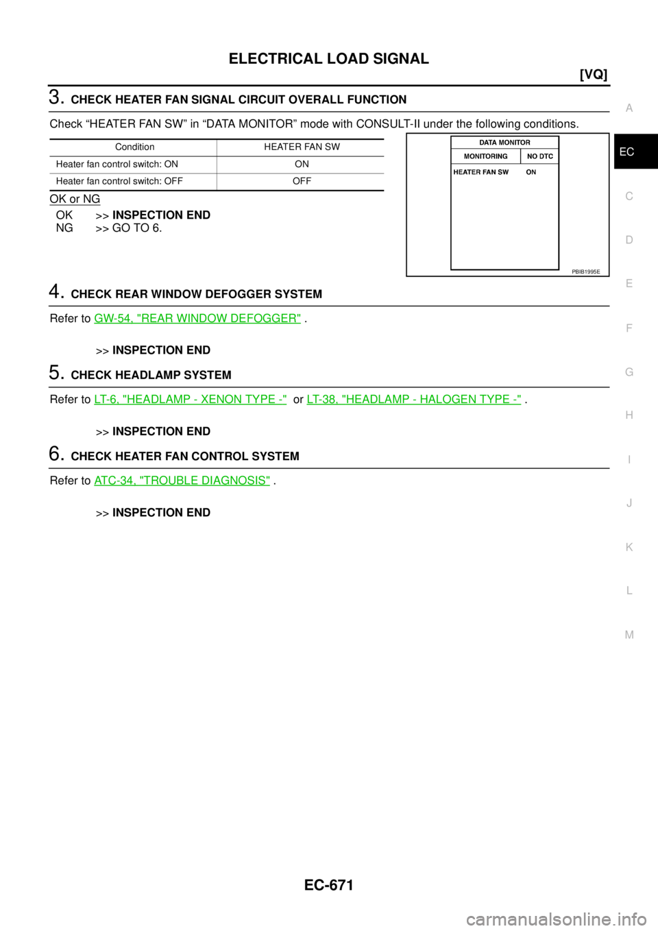 NISSAN TEANA 2003  Service Manual ELECTRICAL LOAD SIGNAL
EC-671
[VQ]
C
D
E
F
G
H
I
J
K
L
MA
EC
 
3. CHECK HEATER FAN SIGNAL CIRCUIT OVERALL FUNCTION
Check “HEATER FAN SW” in “DATA MONITOR” mode with CONSULT-II under the follow