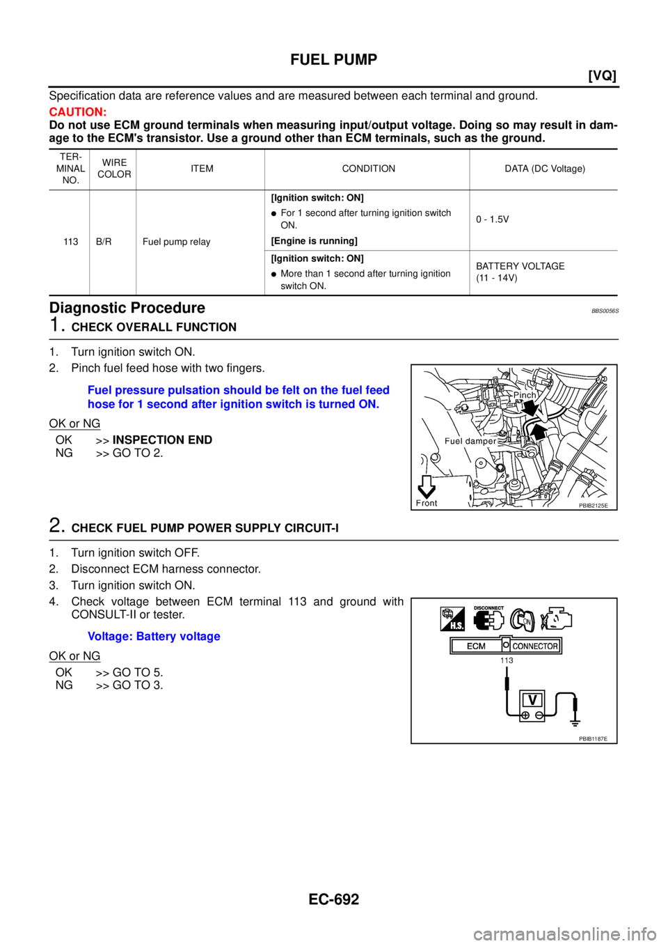NISSAN TEANA 2003  Service Manual EC-692
[VQ]
FUEL PUMP
 
Specification data are reference values and are measured between each terminal and ground.
CAUTION:
Do not use ECM ground terminals when measuring input/output voltage. Doing s