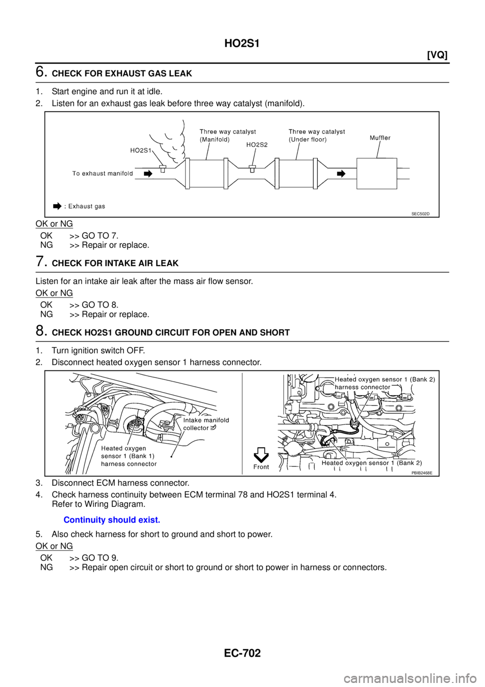 NISSAN TEANA 2003  Service Manual EC-702
[VQ]
HO2S1
 
6. CHECK FOR EXHAUST GAS LEAK
1. Start engine and run it at idle.
2. Listen for an exhaust gas leak before three way catalyst (manifold).
OK or NG
OK >> GO TO 7.
NG >> Repair or re