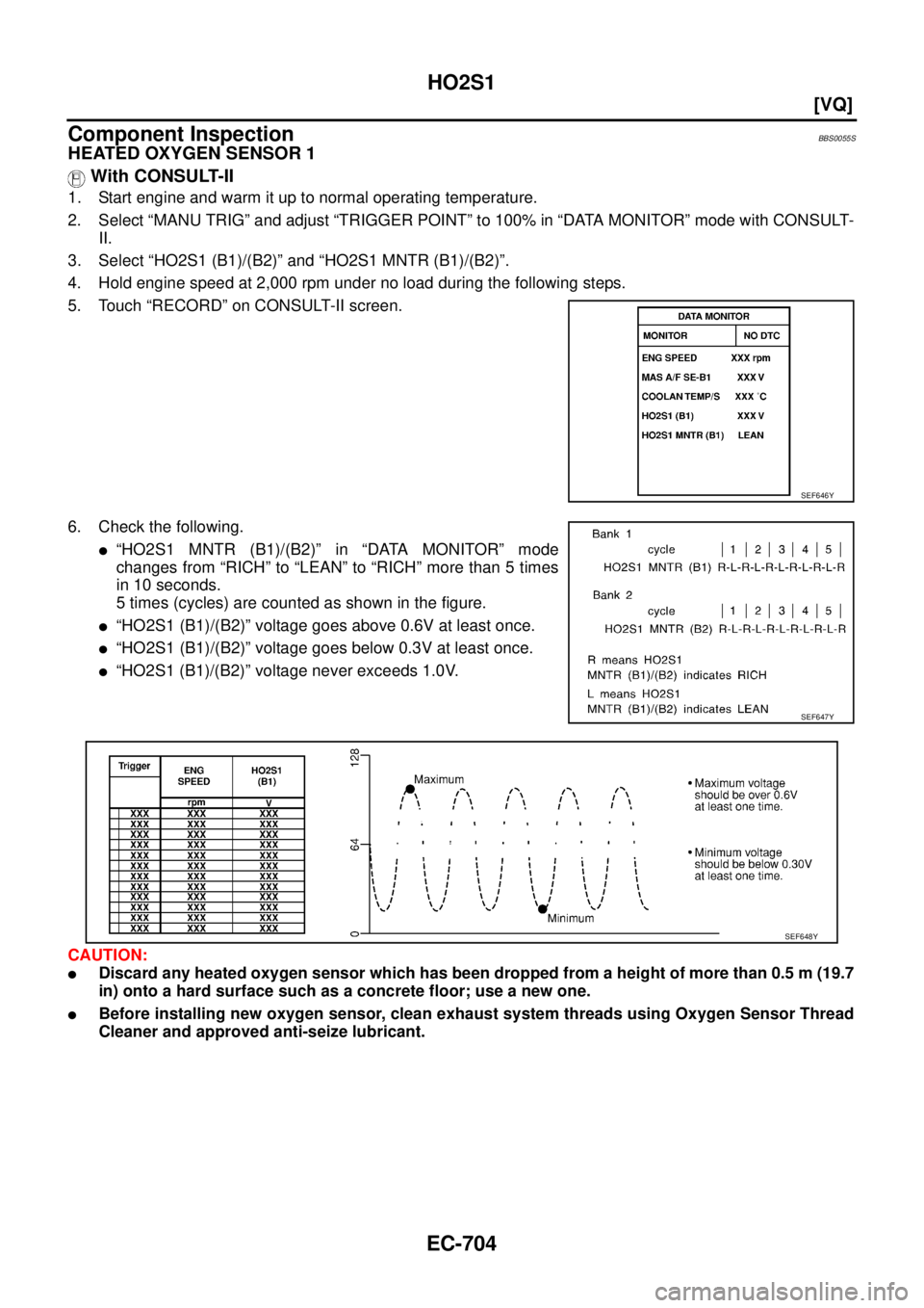 NISSAN TEANA 2003  Service Manual EC-704
[VQ]
HO2S1
 
Component InspectionBBS0055S
HEATED OXYGEN SENSOR 1 
 With CONSULT-II
1. Start engine and warm it up to normal operating temperature.
2. Select “MANU TRIG” and adjust “TRIGGE