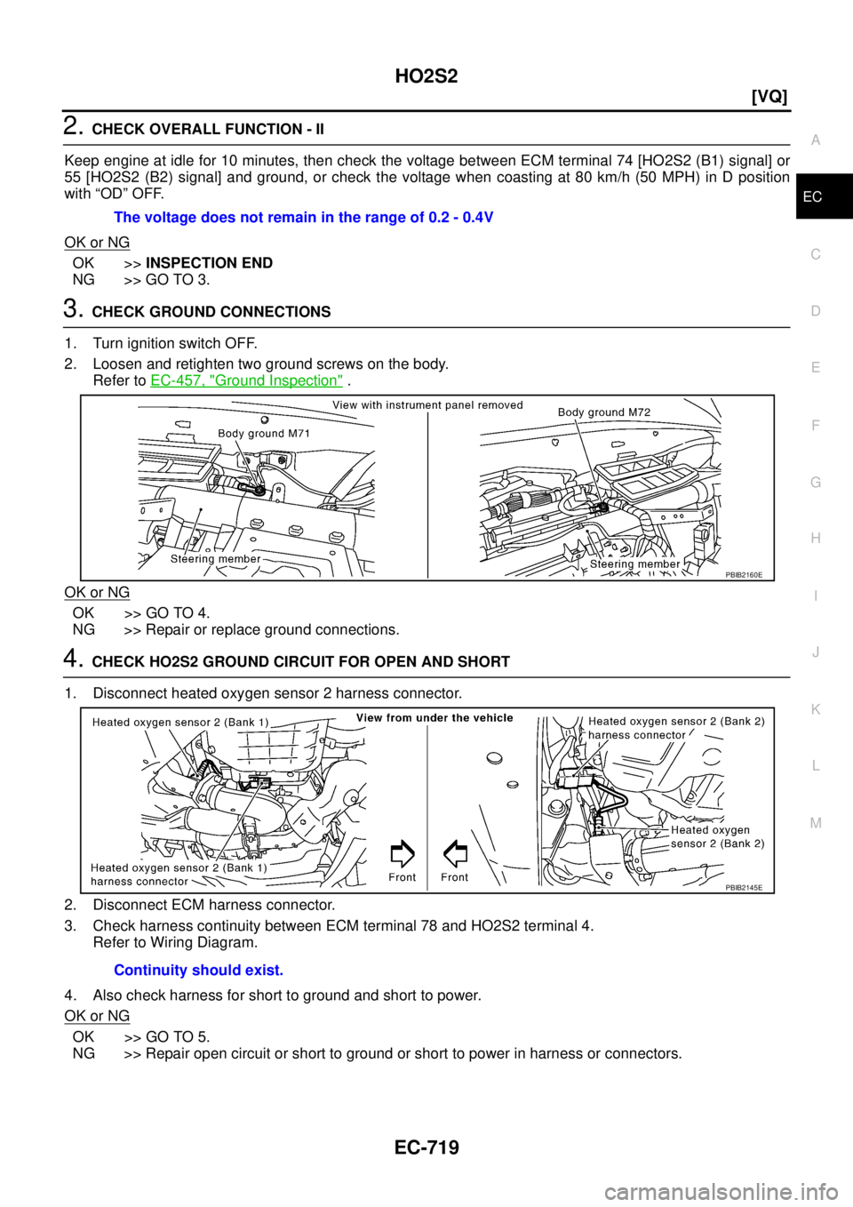 NISSAN TEANA 2003  Service Manual HO2S2
EC-719
[VQ]
C
D
E
F
G
H
I
J
K
L
MA
EC
 
2. CHECK OVERALL FUNCTION - II
Keep engine at idle for 10 minutes, then check the voltage between ECM terminal 74 [HO2S2 (B1) signal] or
55 [HO2S2 (B2) si
