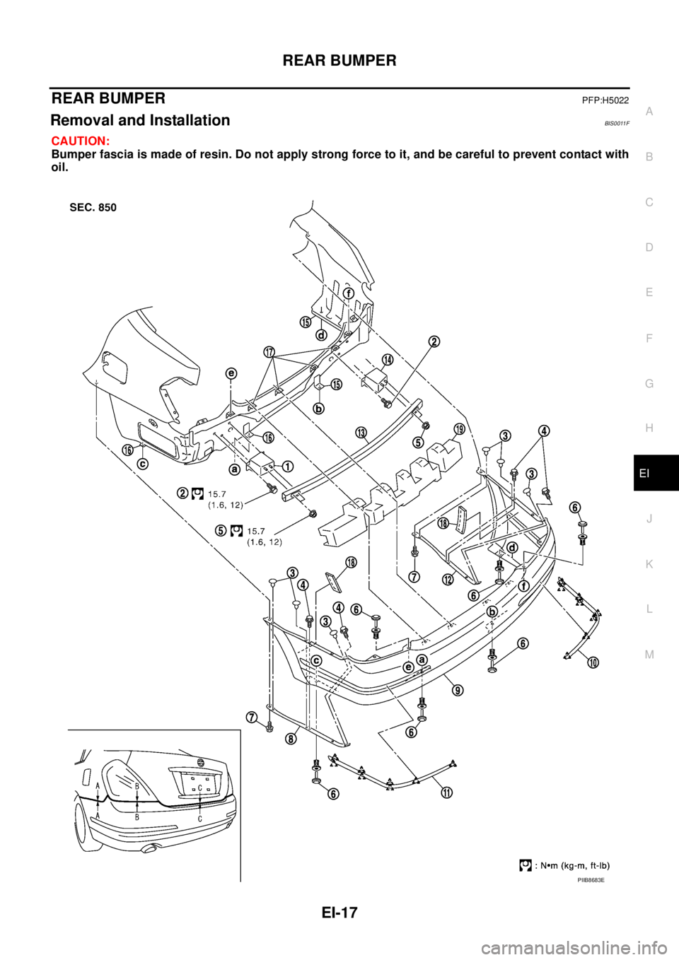 NISSAN TEANA 2003  Service Manual REAR BUMPER
EI-17
C
D
E
F
G
H
J
K
L
MA
B
EI
 
REAR BUMPERPFP:H5022
Removal and InstallationBIS0011F
CAUTION:
Bumper fascia is made of resin. Do not apply strong force to it, and be careful to prevent 
