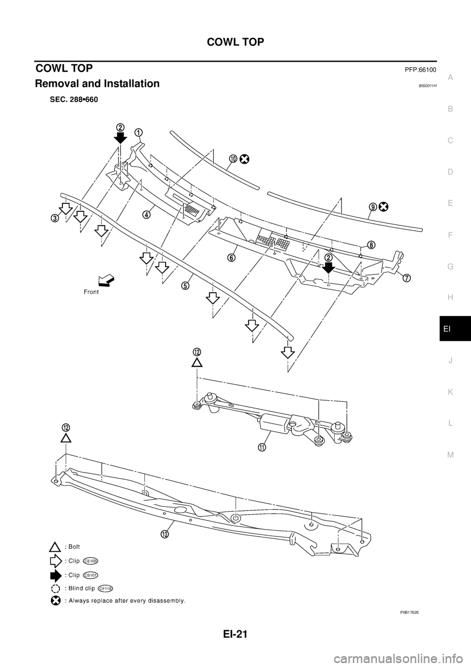 NISSAN TEANA 2003  Service Manual COWL TOP
EI-21
C
D
E
F
G
H
J
K
L
MA
B
EI
 
COWL TOPPFP:66100
Removal and InstallationBIS0011H
PIIB1762E 