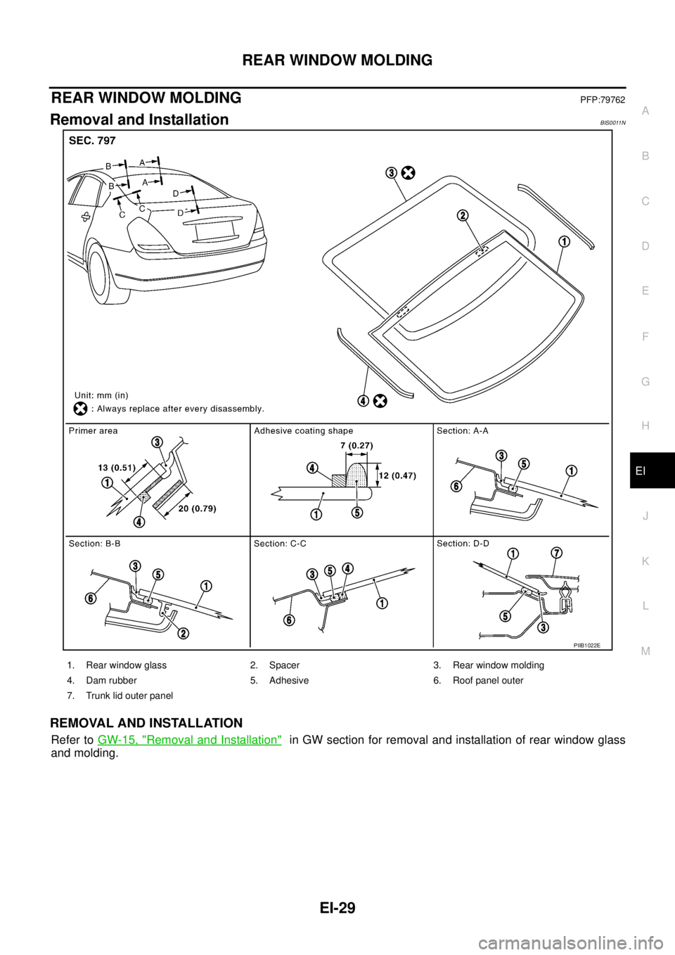 NISSAN TEANA 2003  Service Manual REAR WINDOW MOLDING
EI-29
C
D
E
F
G
H
J
K
L
MA
B
EI
 
REAR WINDOW MOLDINGPFP:79762
Removal and InstallationBIS0011N
REMOVAL AND INSTALLATION
Refer to GW-15, "Removal and Installation"  in GW section f