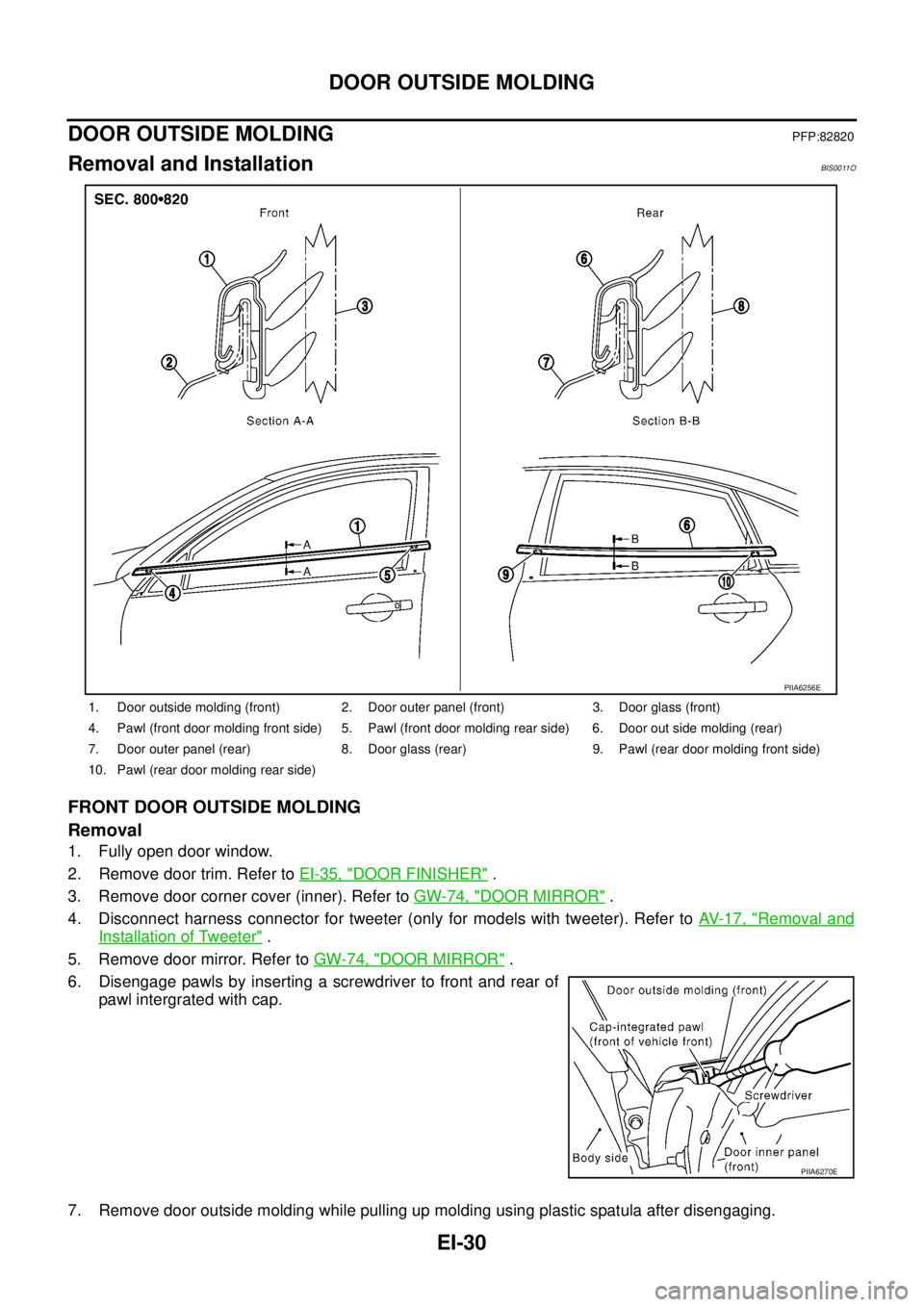 NISSAN TEANA 2003  Service Manual EI-30
DOOR OUTSIDE MOLDING
 
DOOR OUTSIDE MOLDING PFP:82820
Removal and InstallationBIS0011O
FRONT DOOR OUTSIDE MOLDING
Removal
1. Fully open door window.
2. Remove door trim. Refer to EI-35, "
DOOR F
