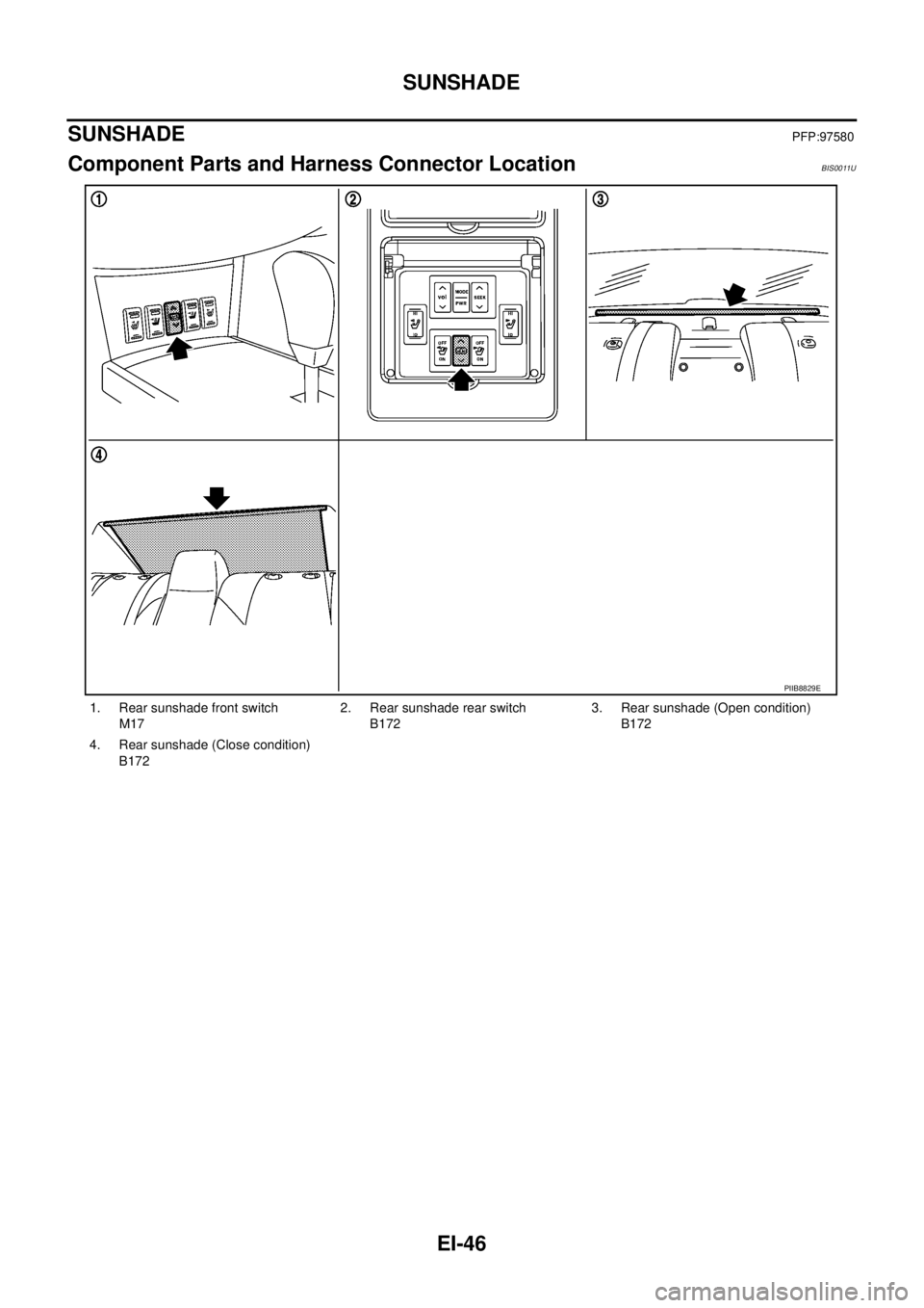 NISSAN TEANA 2003  Service Manual EI-46
SUNSHADE
 
SUNSHADEPFP:97580
Component Parts and Harness Connector LocationBIS0011U
1. Rear sunshade front switch 
M172. Rear sunshade rear switch
B1723. Rear sunshade (Open condition)
B172
4. R