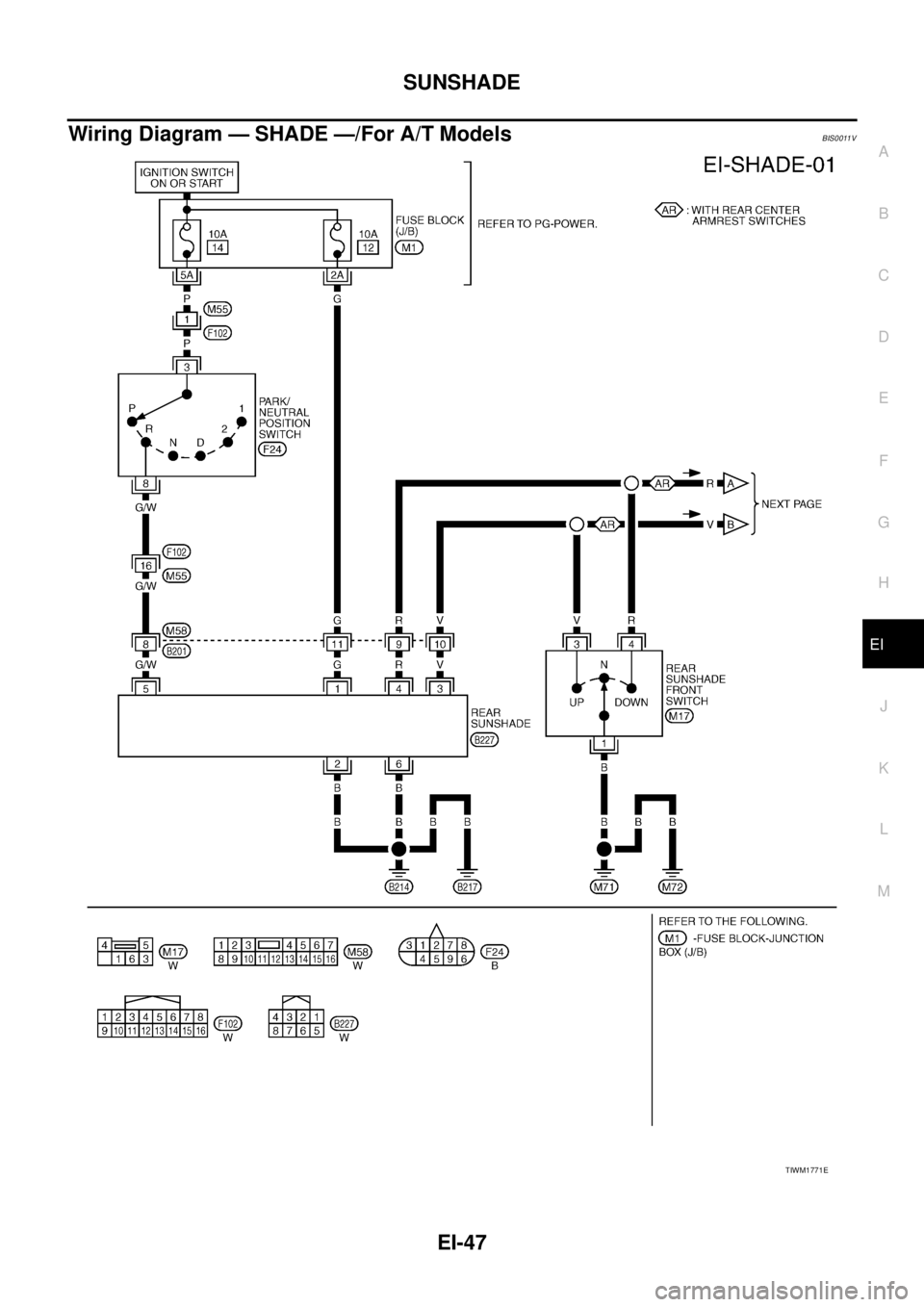 NISSAN TEANA 2003  Service Manual SUNSHADE
EI-47
C
D
E
F
G
H
J
K
L
MA
B
EI
 
Wiring Diagram — SHADE —/For A/T ModelsBIS0011V
TIWM1771E 