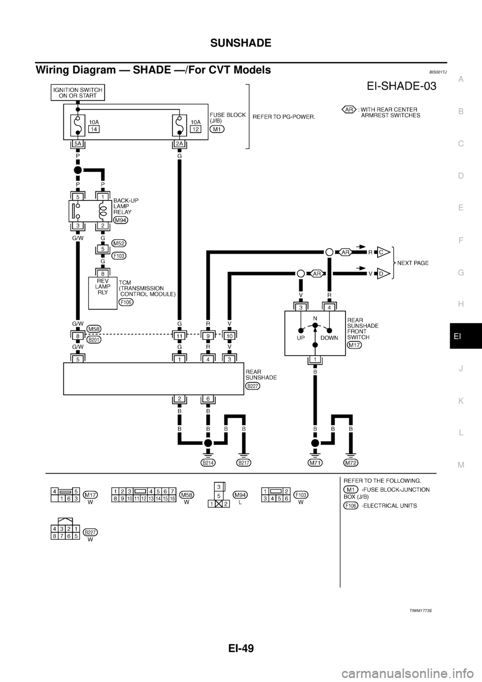 NISSAN TEANA 2003  Service Manual SUNSHADE
EI-49
C
D
E
F
G
H
J
K
L
MA
B
EI
 
Wiring Diagram — SHADE —/For CVT ModelsBIS001TJ
TIWM1773E 