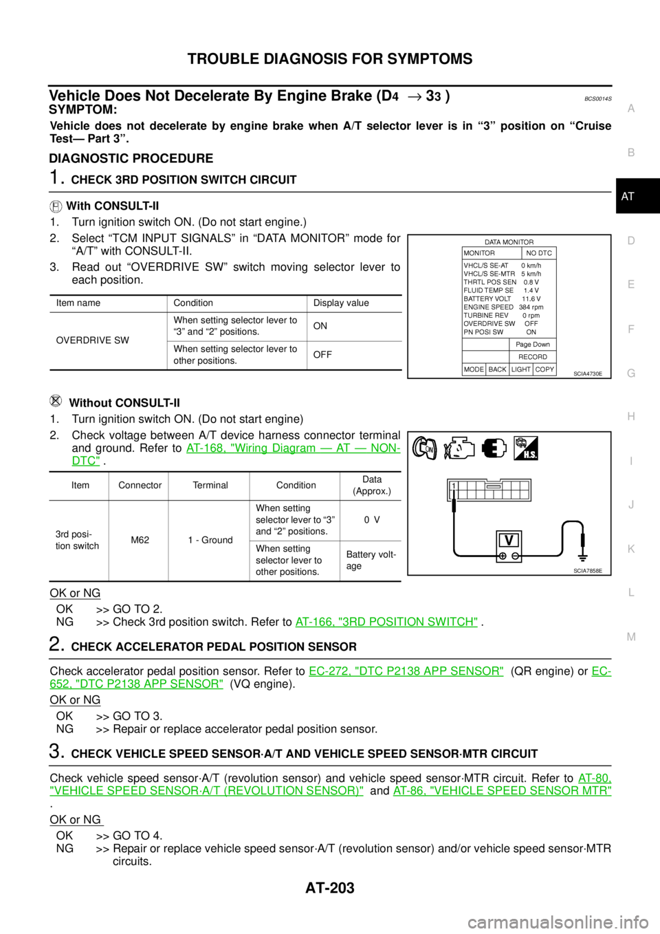 NISSAN TEANA 2003  Service Manual TROUBLE DIAGNOSIS FOR SYMPTOMS
AT-203
D
E
F
G
H
I
J
K
L
MA
B
AT
 
Vehicle Does Not Decelerate By Engine Brake (D4  → 33 )BCS0014S
SYMPTOM:
Vehicle does not decelerate by engine brake when A/T select