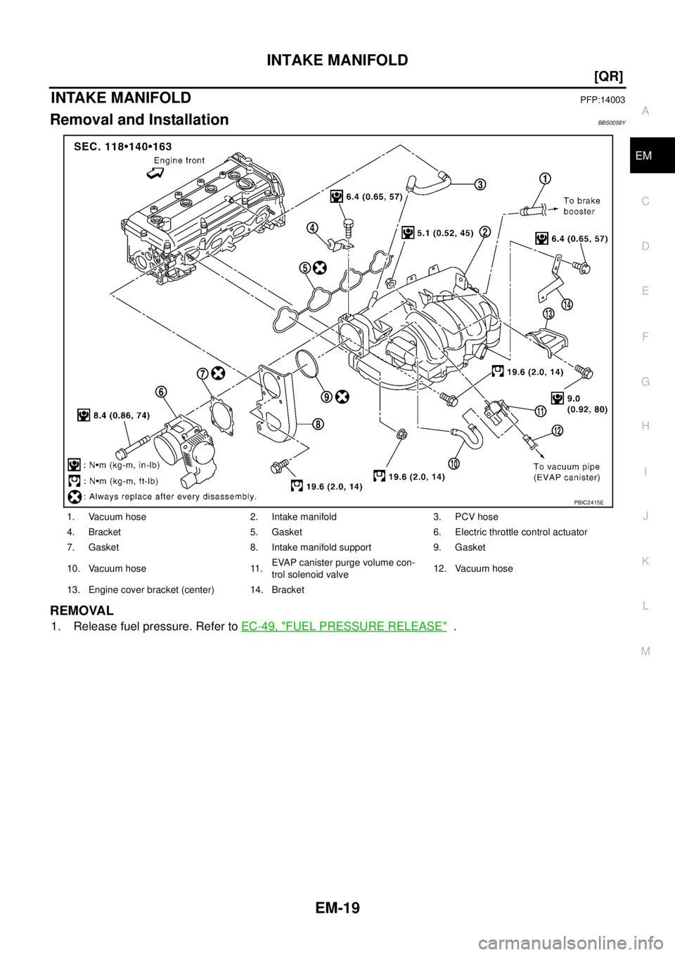 NISSAN TEANA 2003  Service Manual INTAKE MANIFOLD
EM-19
[QR]
C
D
E
F
G
H
I
J
K
L
MA
EM
 
INTAKE MANIFOLDPFP:14003
Removal and InstallationBBS0058Y
REMOVAL
1. Release fuel pressure. Refer to EC-49, "FUEL PRESSURE RELEASE"  .
1. Vacuum 