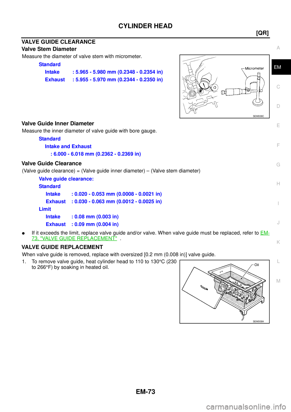NISSAN TEANA 2003  Service Manual CYLINDER HEAD
EM-73
[QR]
C
D
E
F
G
H
I
J
K
L
MA
EM
 
VALVE GUIDE CLEARANCE
Valve Stem Diameter
Measure the diameter of valve stem with micrometer.
Valve Guide Inner Diameter
Measure the inner diameter