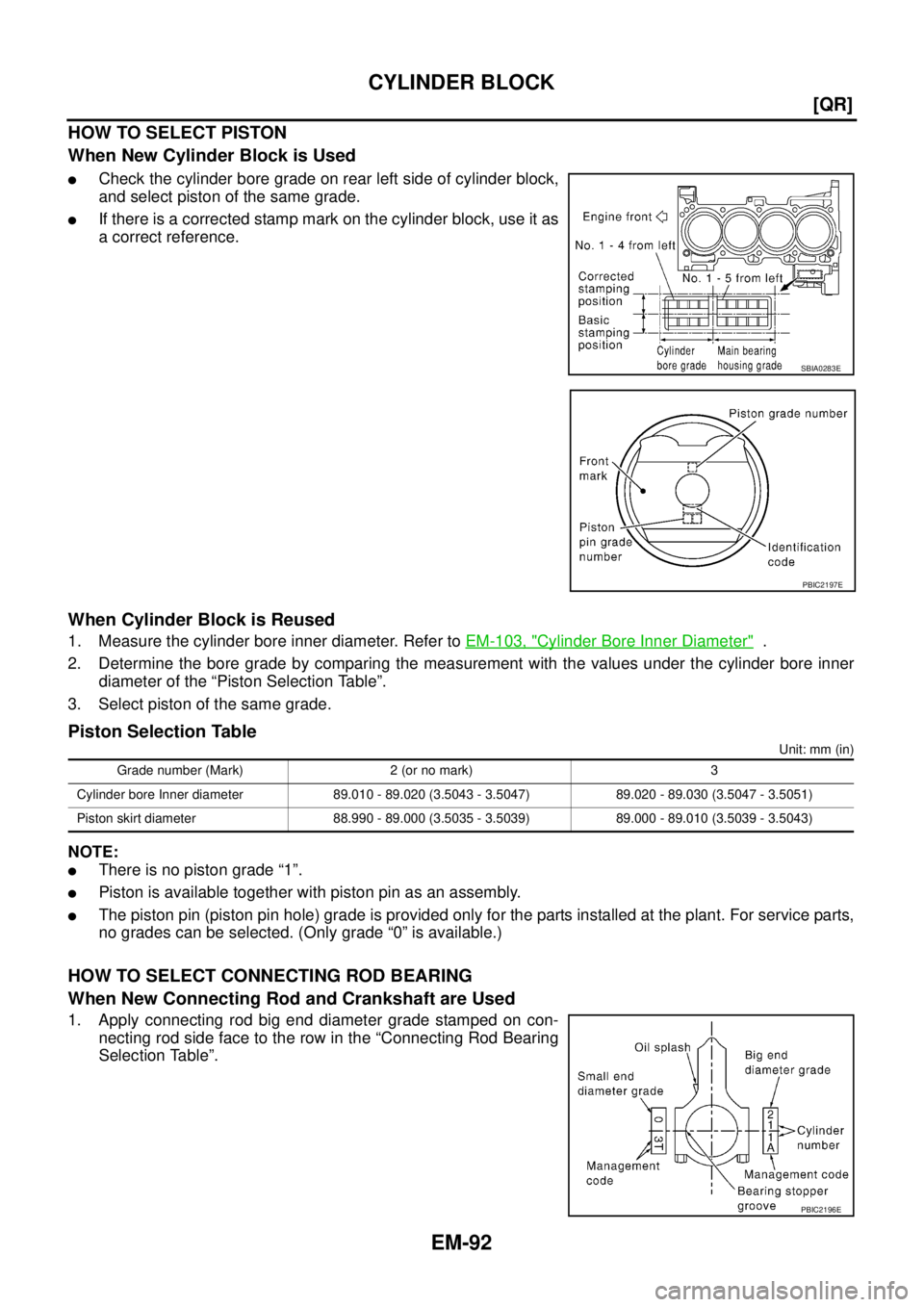 NISSAN TEANA 2003  Service Manual EM-92
[QR]
CYLINDER BLOCK
 
HOW TO SELECT PISTON
When New Cylinder Block is Used
Check the cylinder bore grade on rear left side of cylinder block,
and select piston of the same grade.
If there is a