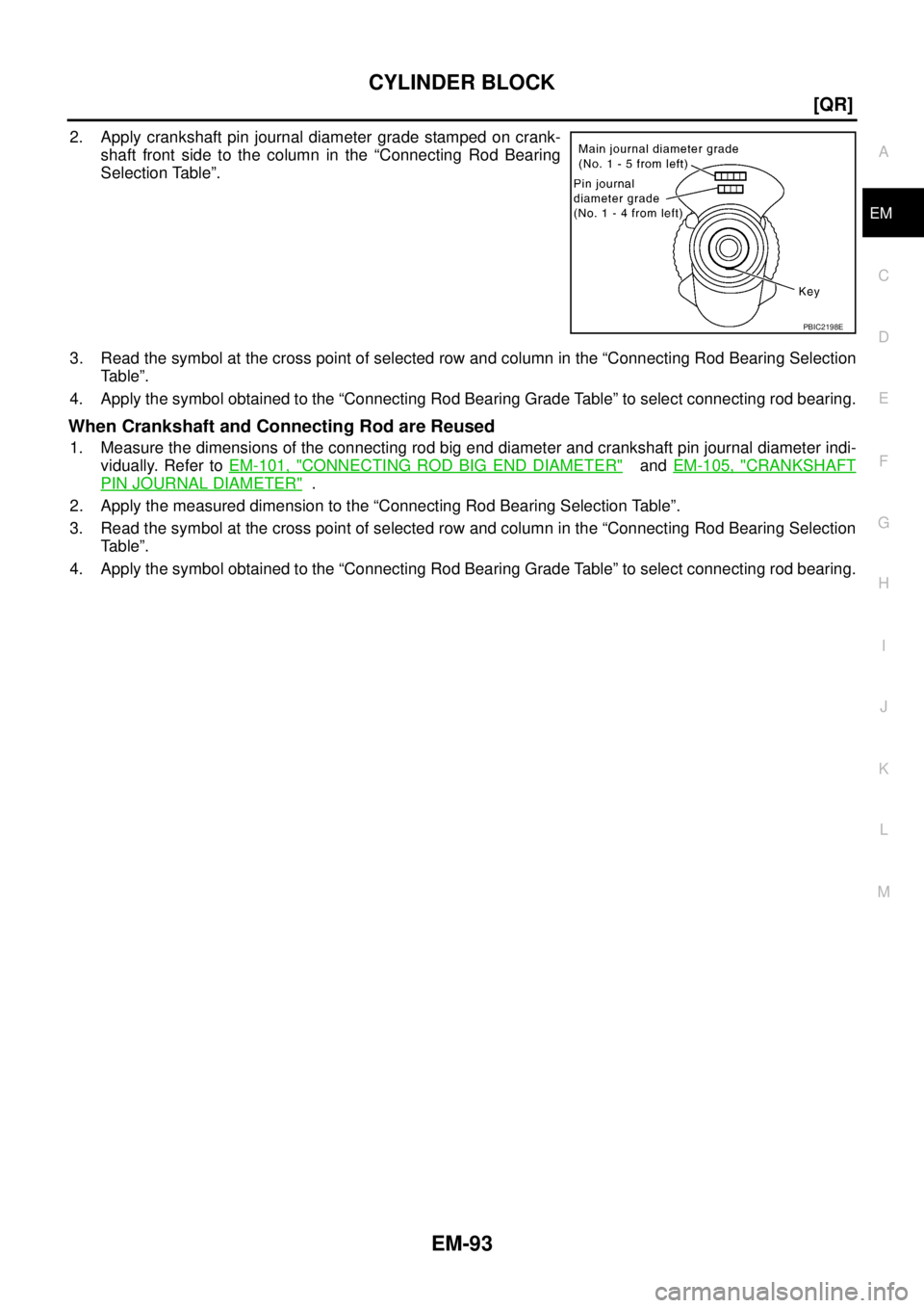 NISSAN TEANA 2003  Service Manual CYLINDER BLOCK
EM-93
[QR]
C
D
E
F
G
H
I
J
K
L
MA
EM
 
2. Apply crankshaft pin journal diameter grade stamped on crank-
shaft front side to the column in the “Connecting Rod Bearing
Selection Table
