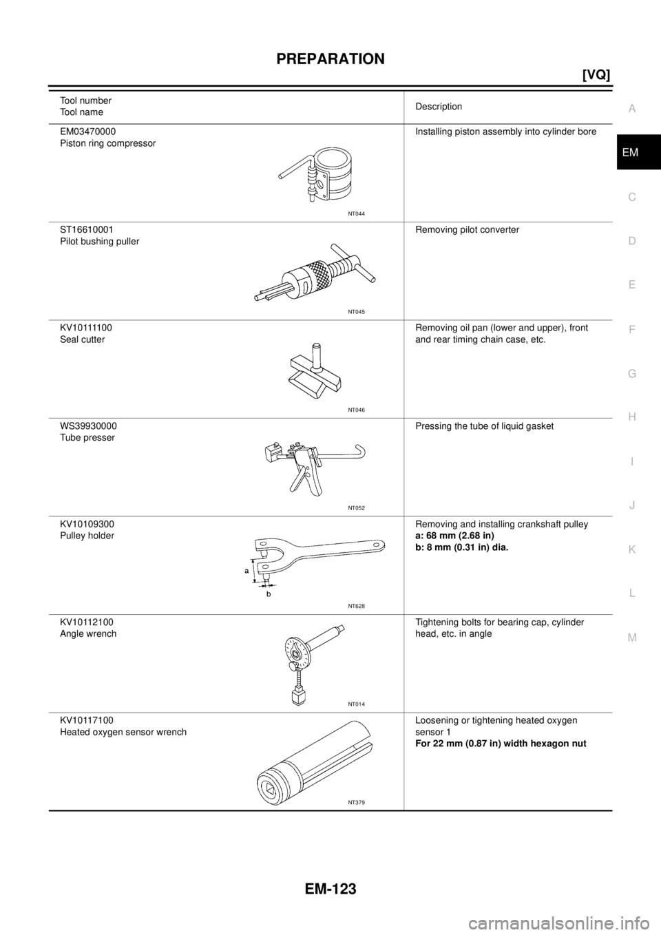 NISSAN TEANA 2003  Service Manual PREPARATION
EM-123
[VQ]
C
D
E
F
G
H
I
J
K
L
MA
EM
 
EM03470000
Piston ring compressorInstalling piston assembly into cylinder bore
ST16610001
Pilot bushing pullerRemoving pilot converter
KV10111100
Se