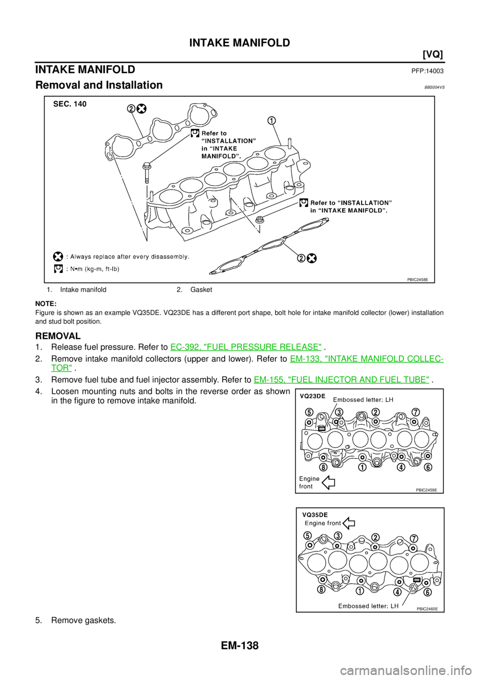 NISSAN TEANA 2003  Service Manual EM-138
[VQ]
INTAKE MANIFOLD
 
INTAKE MANIFOLDPFP:14003
Removal and InstallationBBS004VS
NOTE:
Figure is shown as an example VQ35DE. VQ23DE has a different port shape, bolt hole for intake manifold col