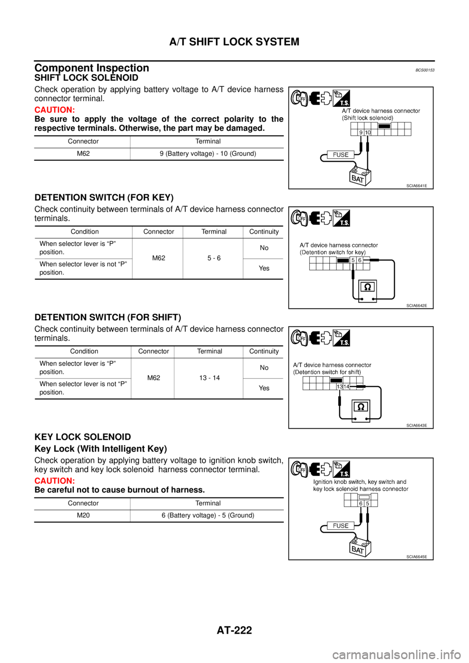 NISSAN TEANA 2003  Service Manual AT-222
A/T SHIFT LOCK SYSTEM
 
Component InspectionBCS00153
SHIFT LOCK SOLENOID
Check operation by applying battery voltage to A/T device harness
connector terminal.
CAUTION:
Be sure to apply the volt