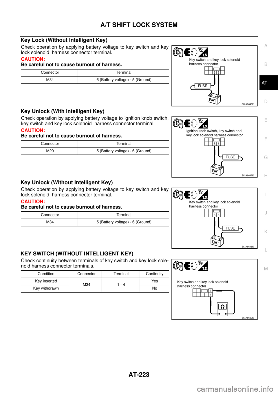 NISSAN TEANA 2003  Service Manual A/T SHIFT LOCK SYSTEM
AT-223
D
E
F
G
H
I
J
K
L
MA
B
AT
 
Key Lock (Without Intelligent Key)
Check operation by applying battery voltage to key switch and key
lock solenoid  harness connector terminal.