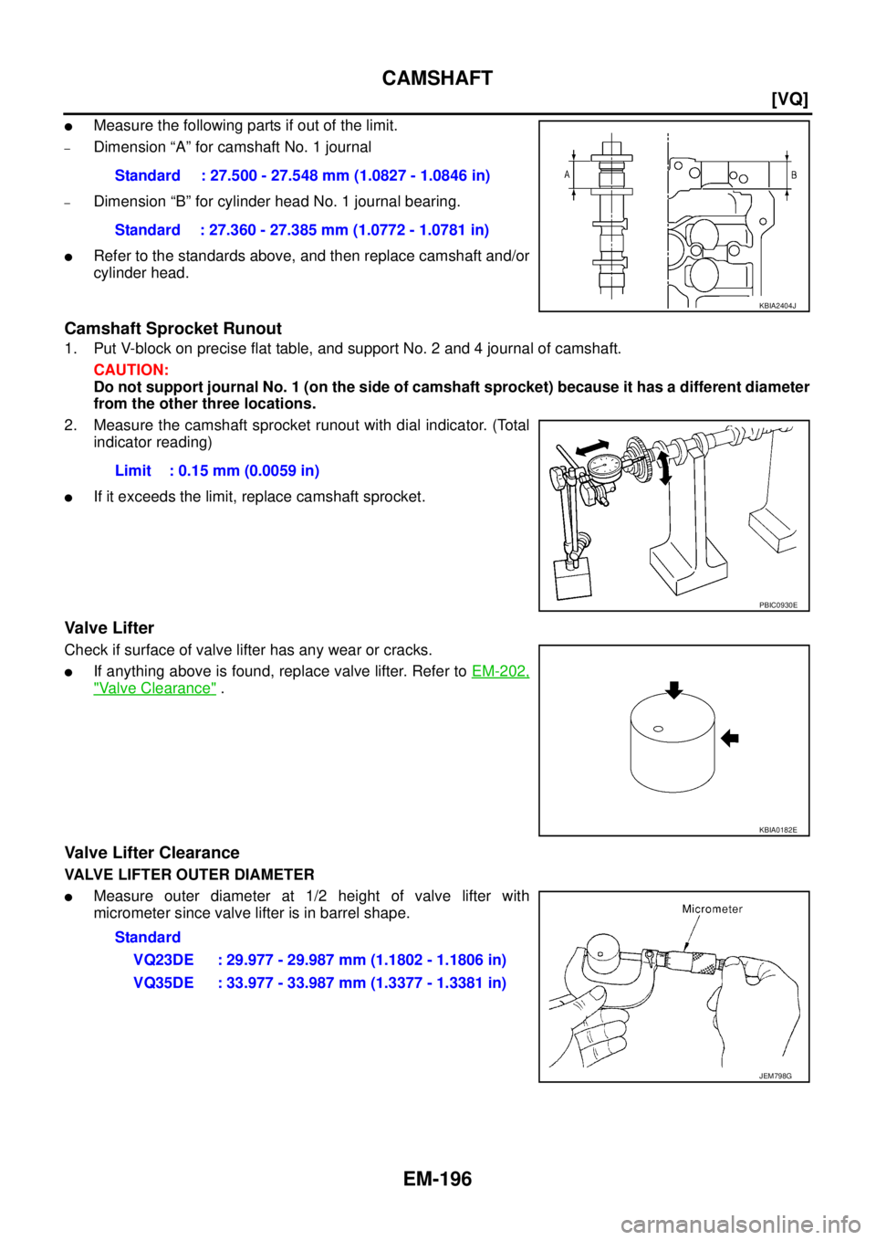 NISSAN TEANA 2003  Service Manual EM-196
[VQ]
CAMSHAFT
 
Measure the following parts if out of the limit.
–Dimension “A” for camshaft No. 1 journal
–Dimension “B” for cylinder head No. 1 journal bearing.
Refer to the sta