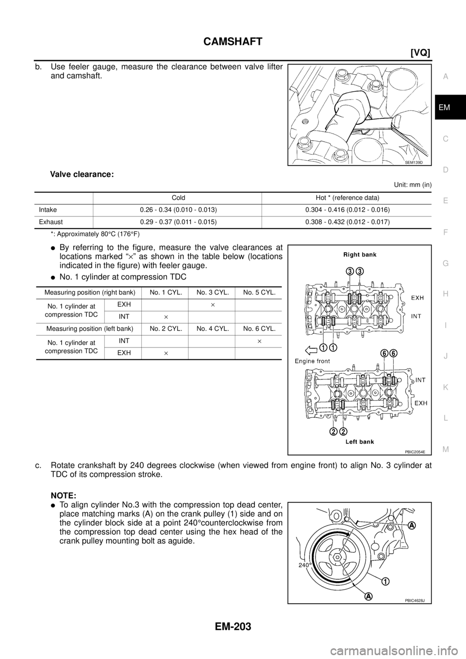 NISSAN TEANA 2003  Service Manual CAMSHAFT
EM-203
[VQ]
C
D
E
F
G
H
I
J
K
L
MA
EM
 
b. Use feeler gauge, measure the clearance between valve lifter
and camshaft.
Valve clearance:
Unit: mm (in)
*: Approximately 80°C (176°F)
By referr