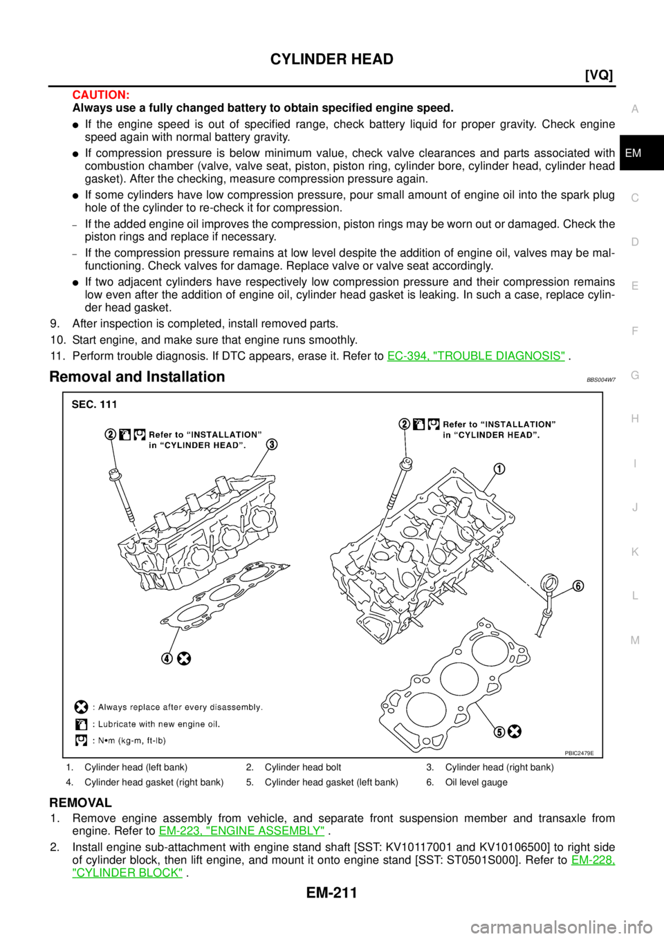 NISSAN TEANA 2003  Service Manual CYLINDER HEAD
EM-211
[VQ]
C
D
E
F
G
H
I
J
K
L
MA
EM
 
CAUTION:
Always use a fully changed battery to obtain specified engine speed.
If the engine speed is out of specified range, check battery liquid