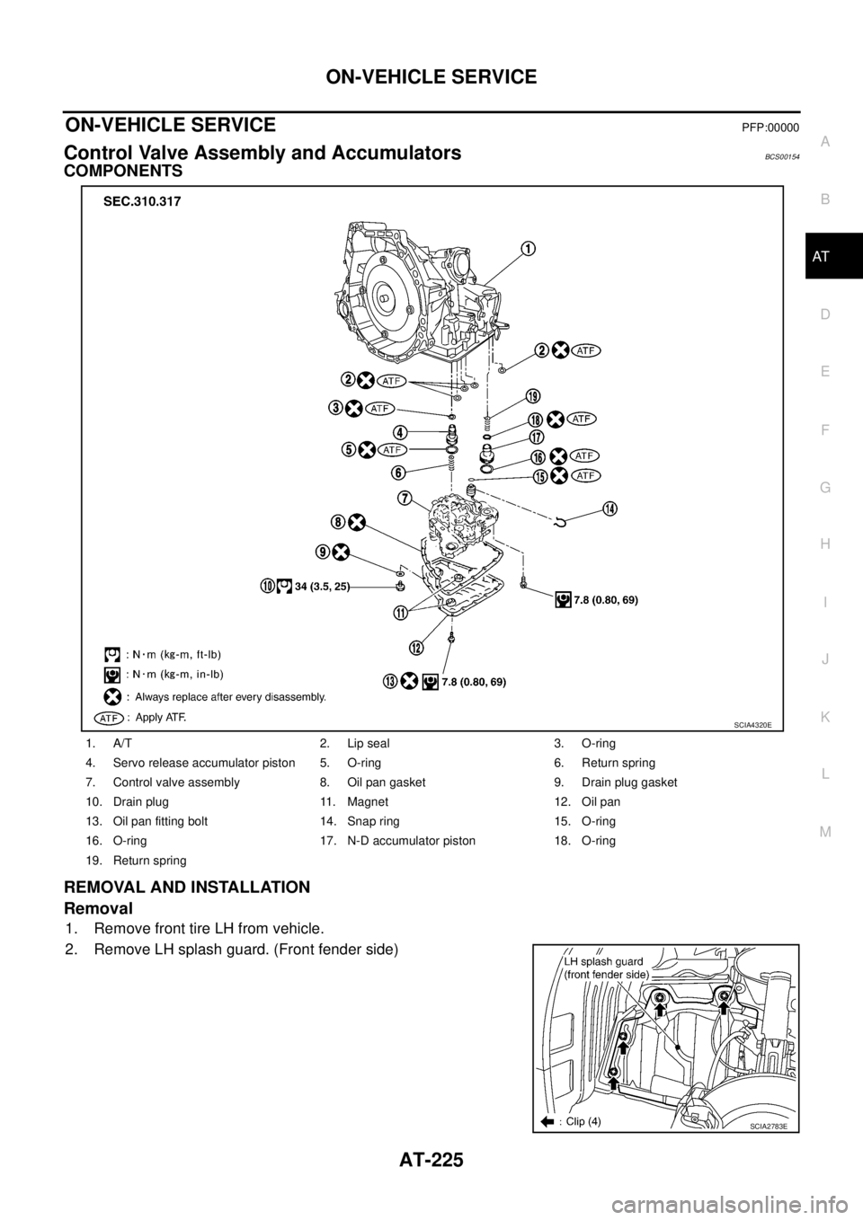 NISSAN TEANA 2003  Service Manual ON-VEHICLE SERVICE
AT-225
D
E
F
G
H
I
J
K
L
MA
B
AT
 
ON-VEHICLE SERVICEPFP:00000
Control Valve Assembly and AccumulatorsBCS00154
COMPONENTS
REMOVAL AND INSTALLATION
Removal
1. Remove front tire LH fr
