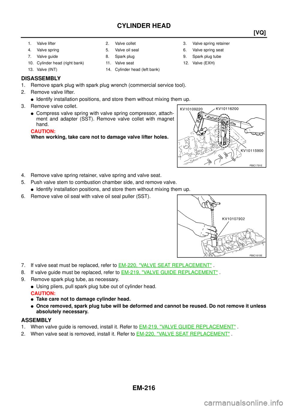 NISSAN TEANA 2003  Service Manual EM-216
[VQ]
CYLINDER HEAD
 
DISASSEMBLY
1. Remove spark plug with spark plug wrench (commercial service tool).
2. Remove valve lifter.
Identify installation positions, and store them without mixing t