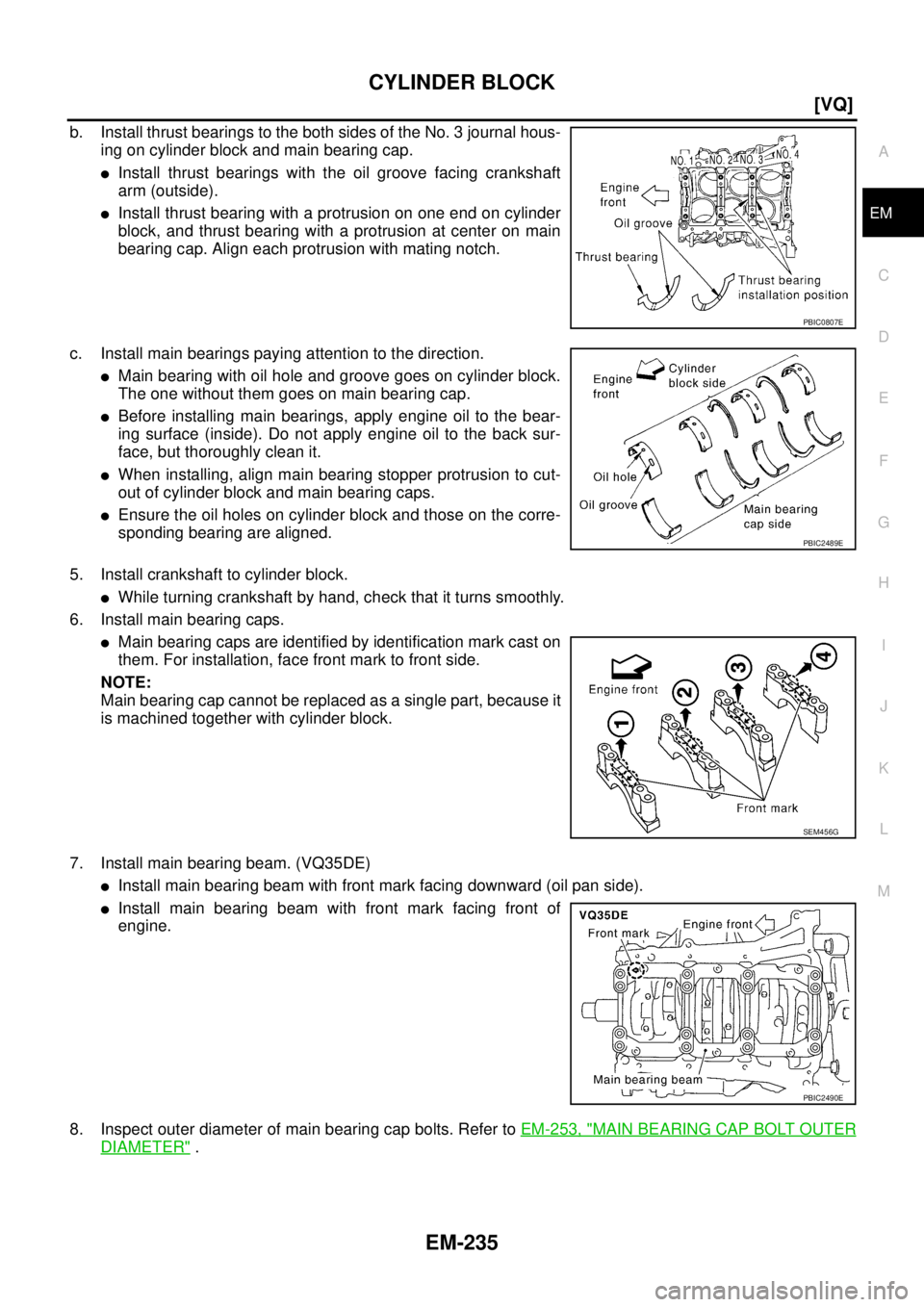 NISSAN TEANA 2003  Service Manual CYLINDER BLOCK
EM-235
[VQ]
C
D
E
F
G
H
I
J
K
L
MA
EM
 
b. Install thrust bearings to the both sides of the No. 3 journal hous-
ing on cylinder block and main bearing cap.
Install thrust bearings with