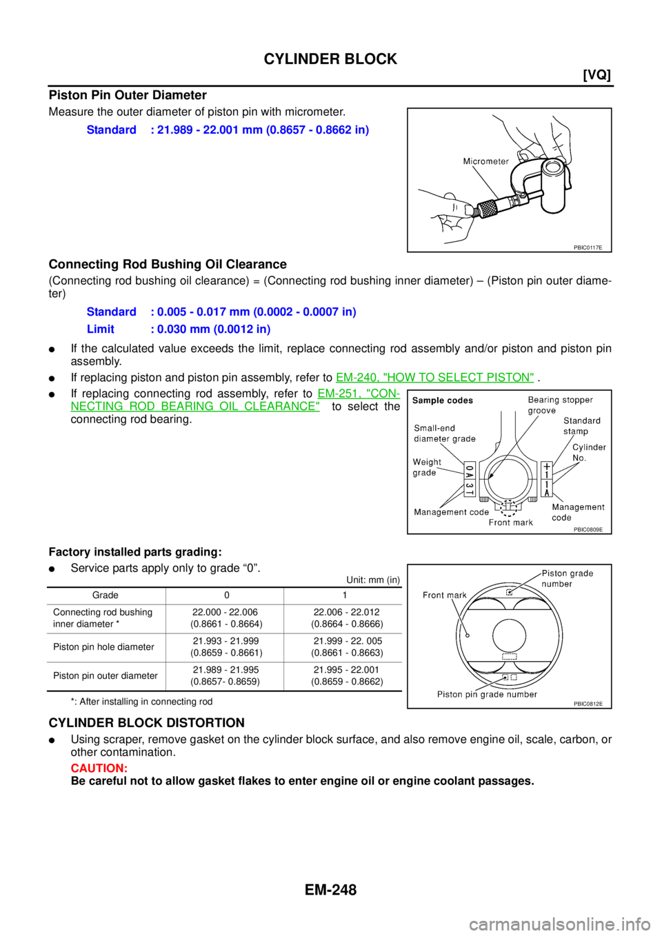 NISSAN TEANA 2003  Service Manual EM-248
[VQ]
CYLINDER BLOCK
 
Piston Pin Outer Diameter
Measure the outer diameter of piston pin with micrometer.
Connecting Rod Bushing Oil Clearance
(Connecting rod bushing oil clearance) = (Connecti
