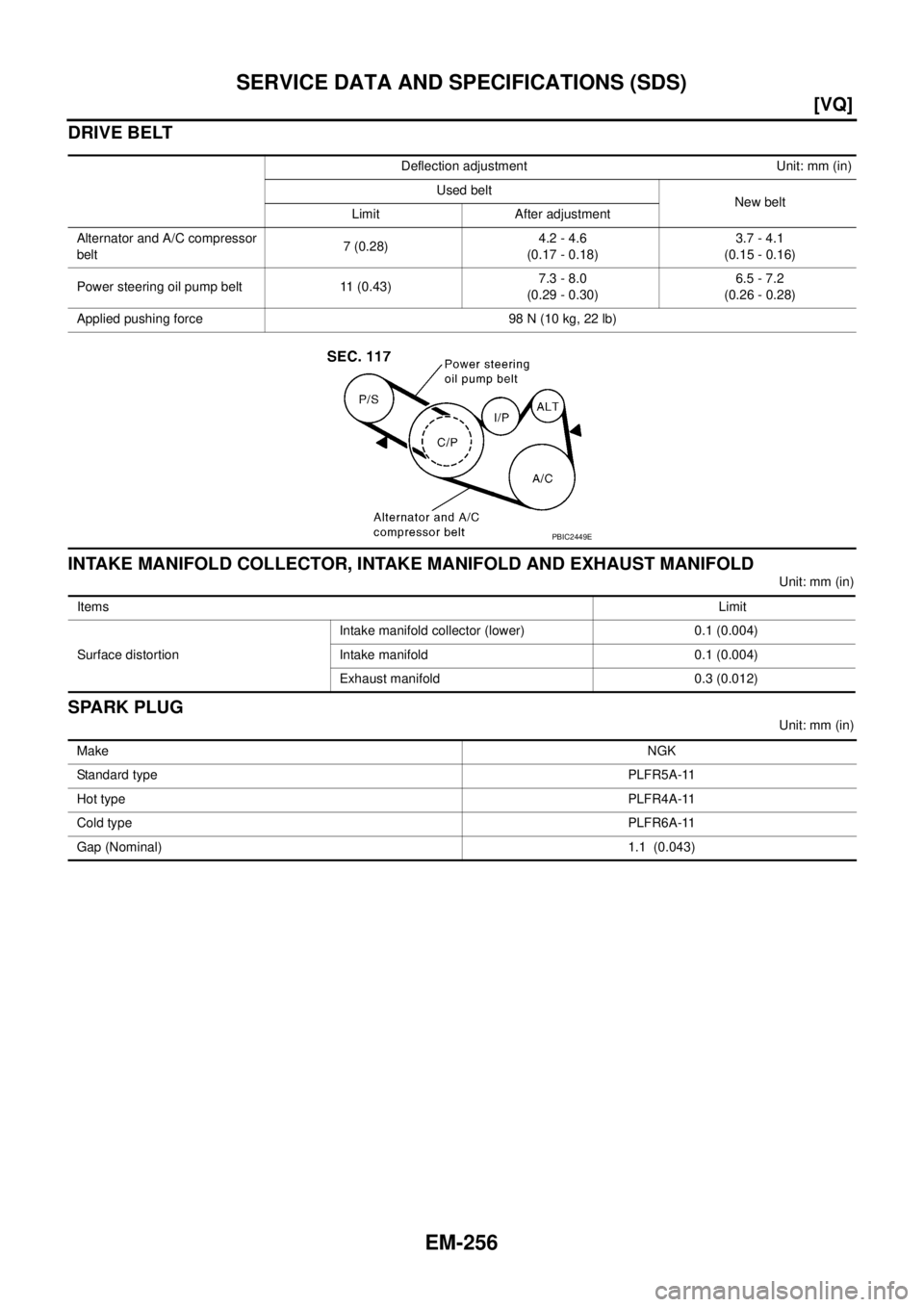 NISSAN TEANA 2003  Service Manual EM-256
[VQ]
SERVICE DATA AND SPECIFICATIONS (SDS)
 
DRIVE BELT
INTAKE MANIFOLD COLLECTOR, INTAKE MANIFOLD AND EXHAUST MANIFOLD
Unit: mm (in)
SPARK PLUG
Unit: mm (in) Deflection adjustment Unit: mm (in