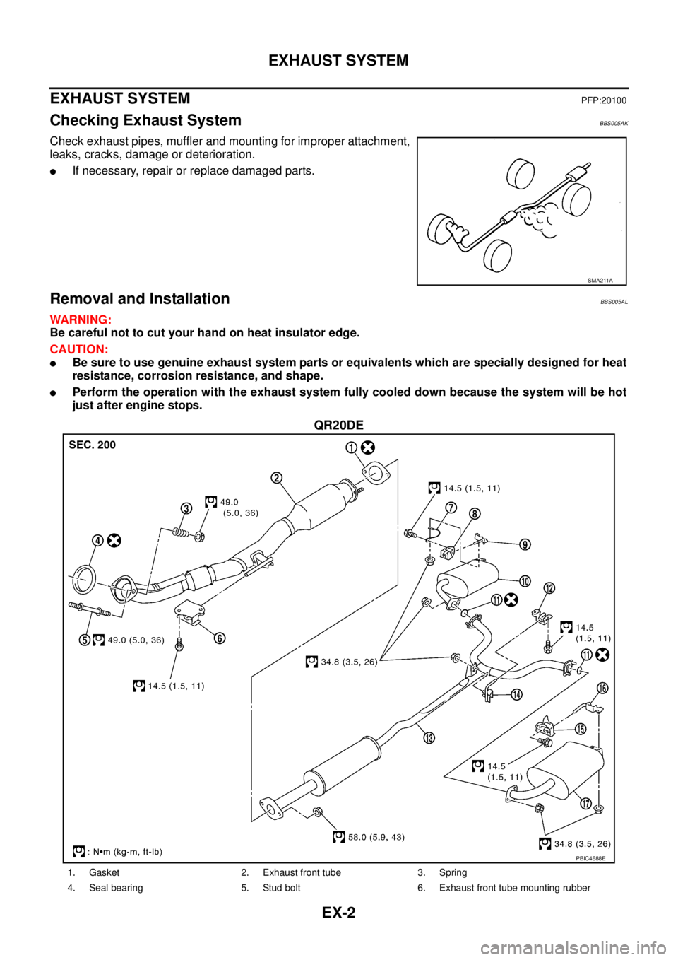 NISSAN TEANA 2003  Service Manual EX-2
EXHAUST SYSTEM
 
EXHAUST SYSTEMPFP:20100
Checking Exhaust SystemBBS005AK
Check exhaust pipes, muffler and mounting for improper attachment,
leaks, cracks, damage or deterioration.
If necessary, 