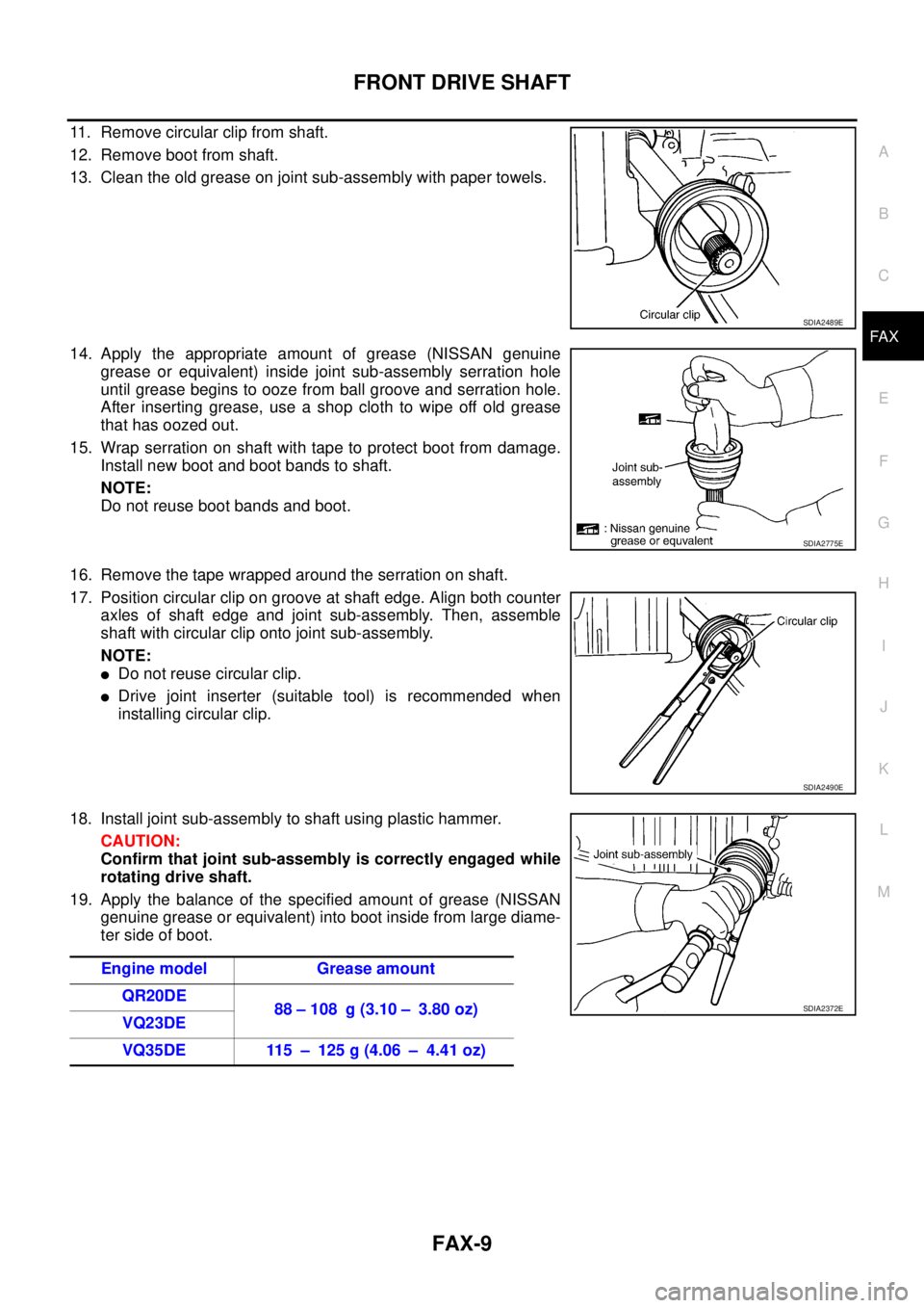 NISSAN TEANA 2003  Service Manual FRONT DRIVE SHAFT
FAX-9
C
E
F
G
H
I
J
K
L
MA
B
FA X
 
11. Remove circular clip from shaft.
12. Remove boot from shaft.
13. Clean the old grease on joint sub-assembly with paper towels.
14. Apply the a