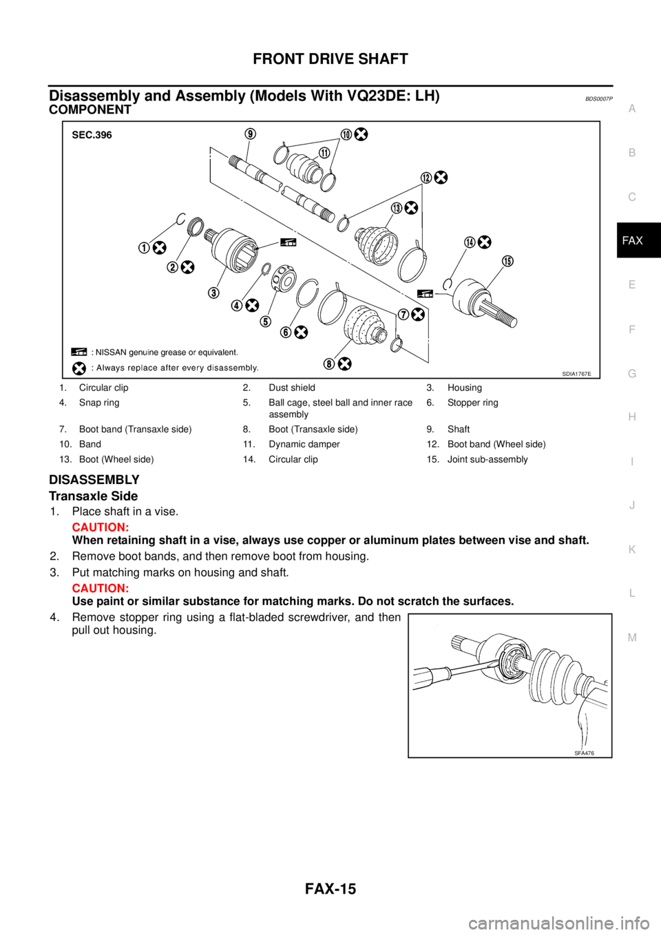 NISSAN TEANA 2003  Service Manual FRONT DRIVE SHAFT
FAX-15
C
E
F
G
H
I
J
K
L
MA
B
FA X
 
Disassembly and Assembly (Models With VQ23DE: LH)BDS0007P
COMPONENT
DISASSEMBLY
Transaxle Side
1. Place shaft in a vise.
CAUTION:
When retaining 