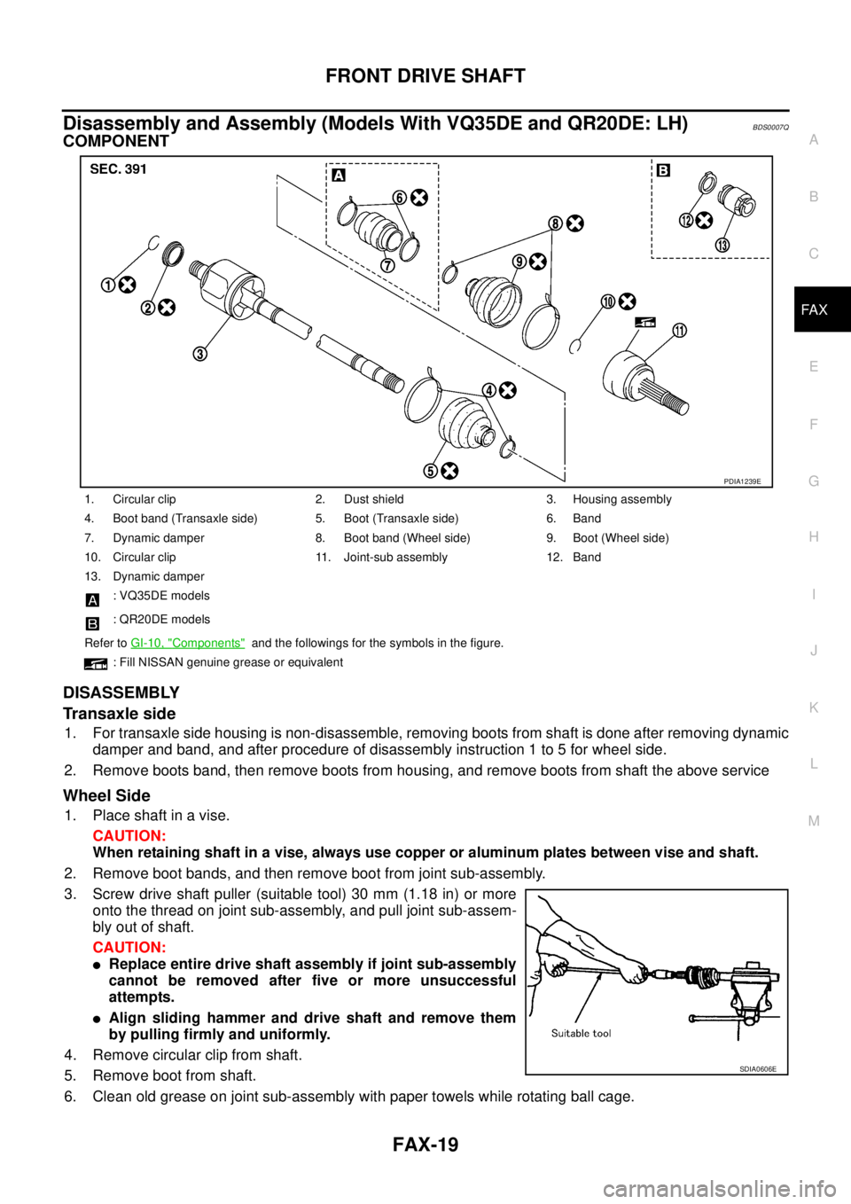 NISSAN TEANA 2003 Service Manual FRONT DRIVE SHAFT
FAX-19
C
E
F
G
H
I
J
K
L
MA
B
FA X
Disassembly and Assembly (Models With VQ35DE and QR20DE: LH)BDS0007Q
COMPONENT
DISASSEMBLY
Transaxle side
1. For transaxle side housing is non-d NISSAN TEANA 2003 Service Manual FRONT DRIVE SHAFT
FAX-19
C
E
F
G
H
I
J
K
L
MA
B
FA X
Disassembly and Assembly (Models With VQ35DE and QR20DE: LH)BDS0007Q
COMPONENT
DISASSEMBLY
Transaxle side
1. For transaxle side housing is non-d
