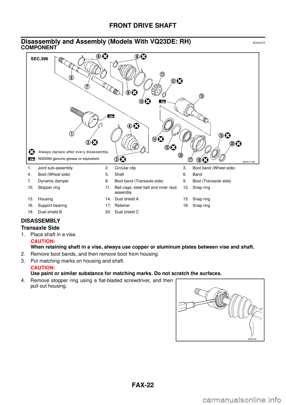 NISSAN TEANA 2003 Service Manual FAX-22
FRONT DRIVE SHAFT
Disassembly and Assembly (Models With VQ23DE: RH)BDS0007R
COMPONENT
DISASSEMBLY
Transaxle Side
1. Place shaft in a vise.
CAUTION:
When retaining shaft in a vise, always use NISSAN TEANA 2003 Service Manual FAX-22
FRONT DRIVE SHAFT
Disassembly and Assembly (Models With VQ23DE: RH)BDS0007R
COMPONENT
DISASSEMBLY
Transaxle Side
1. Place shaft in a vise.
CAUTION:
When retaining shaft in a vise, always use