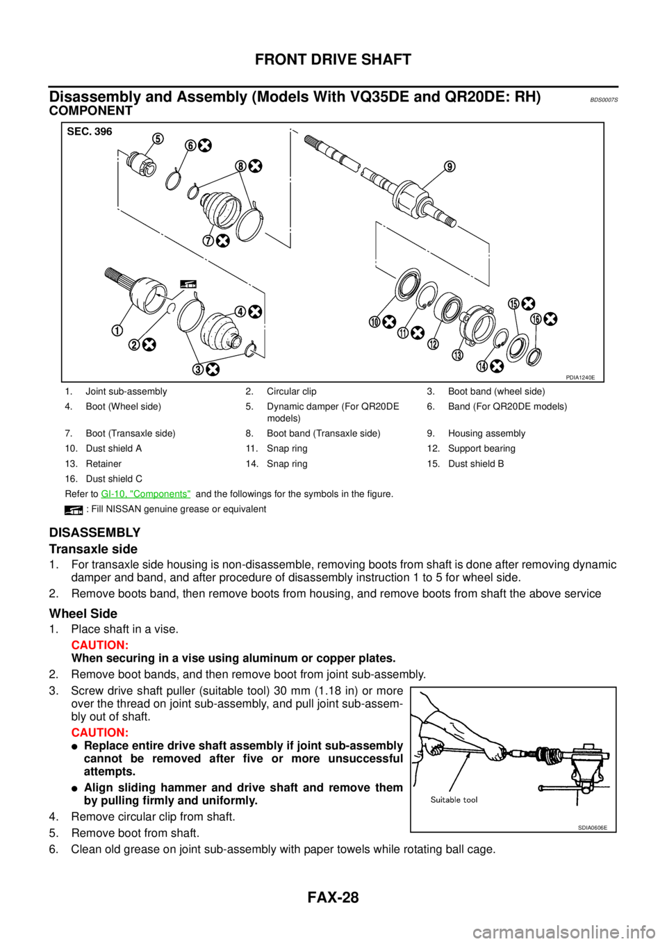 NISSAN TEANA 2003 Service Manual FAX-28
FRONT DRIVE SHAFT
Disassembly and Assembly (Models With VQ35DE and QR20DE: RH)BDS0007S
COMPONENT
DISASSEMBLY
Transaxle side
1. For transaxle side housing is non-disassemble, removing boots f NISSAN TEANA 2003 Service Manual FAX-28
FRONT DRIVE SHAFT
Disassembly and Assembly (Models With VQ35DE and QR20DE: RH)BDS0007S
COMPONENT
DISASSEMBLY
Transaxle side
1. For transaxle side housing is non-disassemble, removing boots f