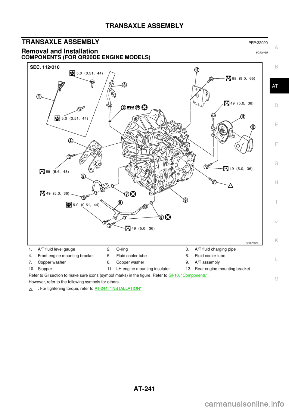 NISSAN TEANA 2003  Service Manual TRANSAXLE ASSEMBLY
AT-241
D
E
F
G
H
I
J
K
L
MA
B
AT
 
TRANSAXLE ASSEMBLYPFP:32020
Removal and InstallationBCS0015B
COMPONENTS (FOR QR20DE ENGINE MODELS)
1. A/T fluid level gauge 2. O-ring 3. A/T fluid