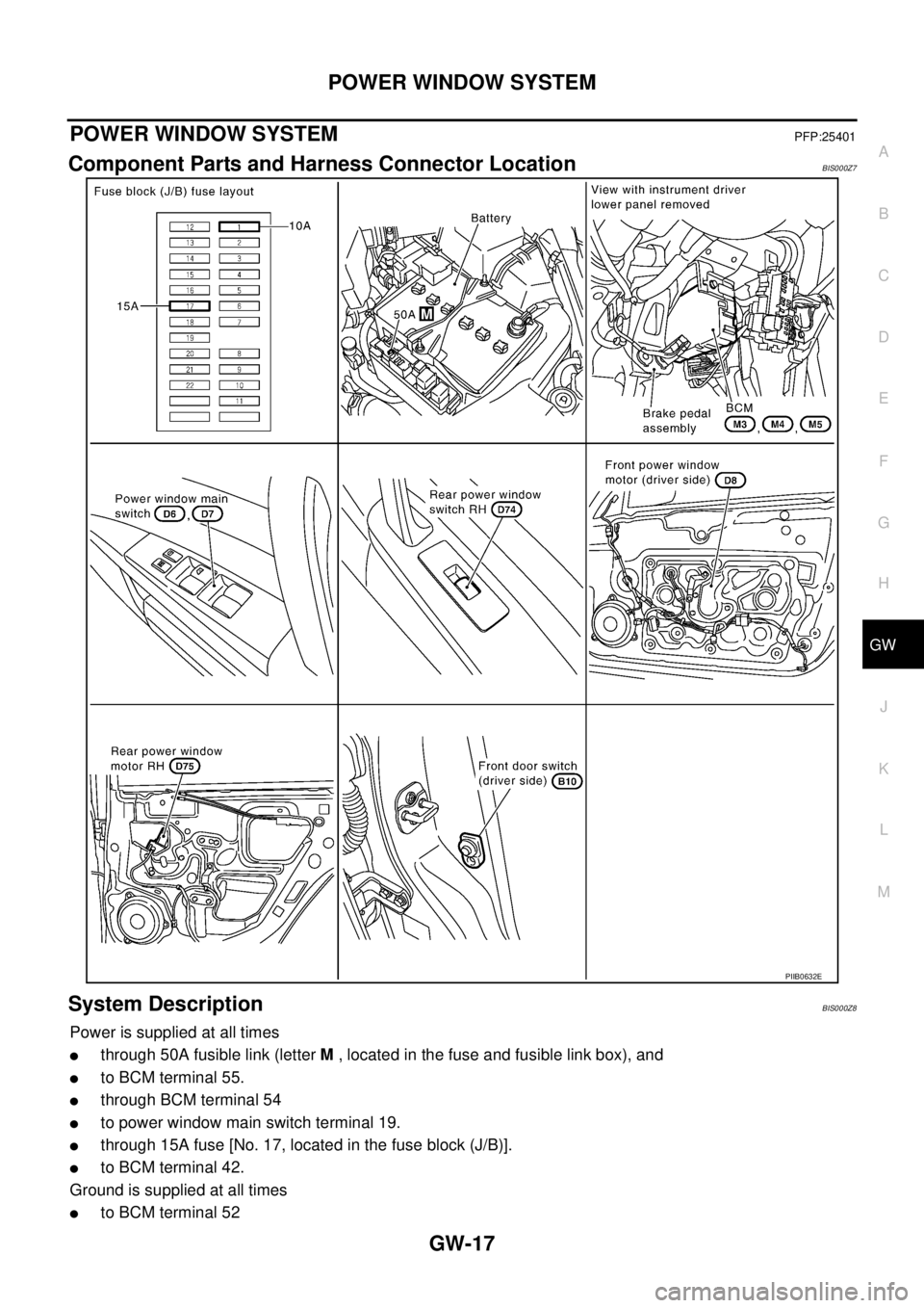 NISSAN TEANA 2003  Service Manual POWER WINDOW SYSTEM
GW-17
C
D
E
F
G
H
J
K
L
MA
B
GW
 
POWER WINDOW SYSTEMPFP:25401
Component Parts and Harness Connector LocationBIS000Z7
System DescriptionBIS000Z8
Power is supplied at all times 
th