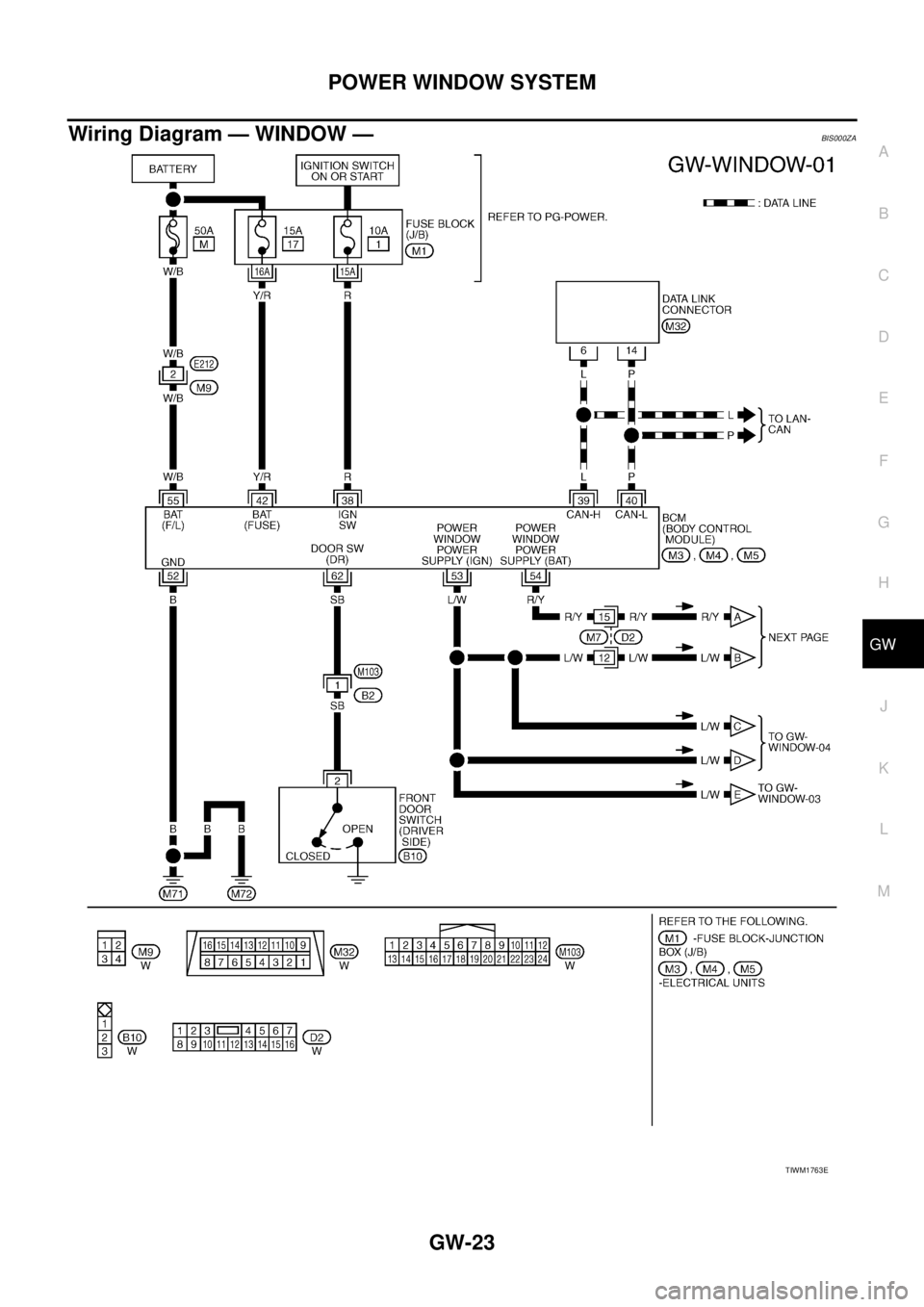 NISSAN TEANA 2003  Service Manual POWER WINDOW SYSTEM
GW-23
C
D
E
F
G
H
J
K
L
MA
B
GW
 
Wiring Diagram — WINDOW —BIS000ZA
TIWM1763E 