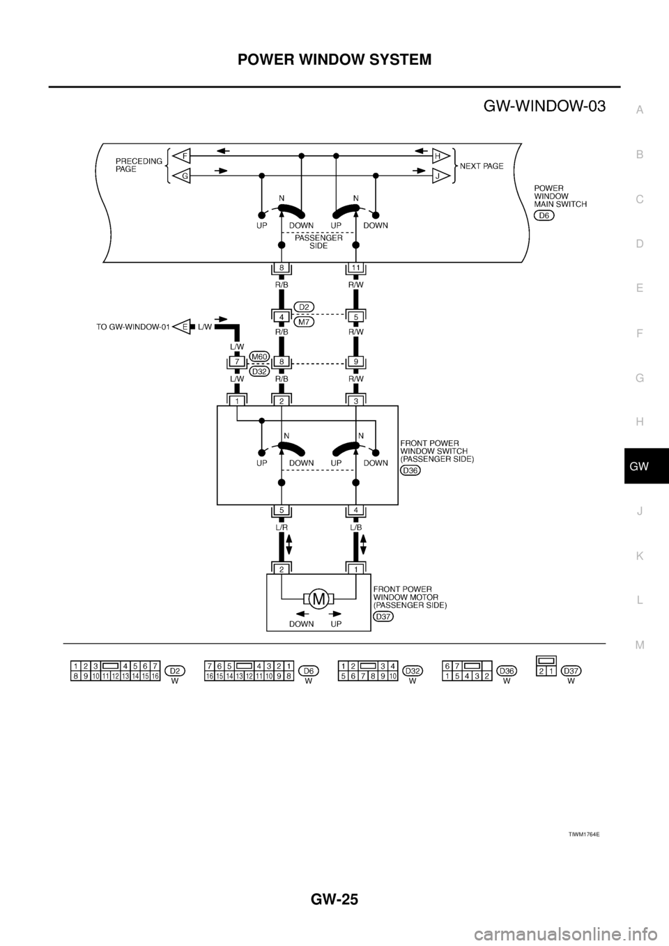 NISSAN TEANA 2003  Service Manual POWER WINDOW SYSTEM
GW-25
C
D
E
F
G
H
J
K
L
MA
B
GW
 
TIWM1764E 
