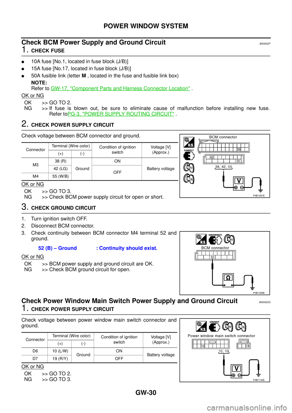 NISSAN TEANA 2003  Service Manual GW-30
POWER WINDOW SYSTEM
 
Check BCM Power Supply and Ground Circuit BIS000ZF
1. CHECK FUSE
10A fuse [No.1, located in fuse block (J/B)]
15A fuse [No.17, located in fuse block (J/B)]
50A fusible l
