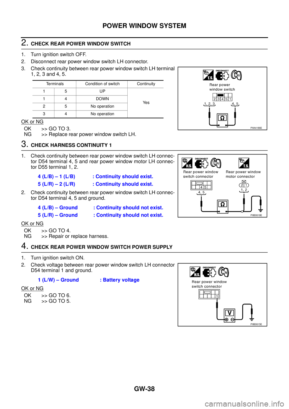 NISSAN TEANA 2003  Service Manual GW-38
POWER WINDOW SYSTEM
 
2. CHECK REAR POWER WINDOW SWITCH
1. Turn ignition switch OFF.
2. Disconnect rear power window switch LH connector.
3. Check continuity between rear power window switch LH 
