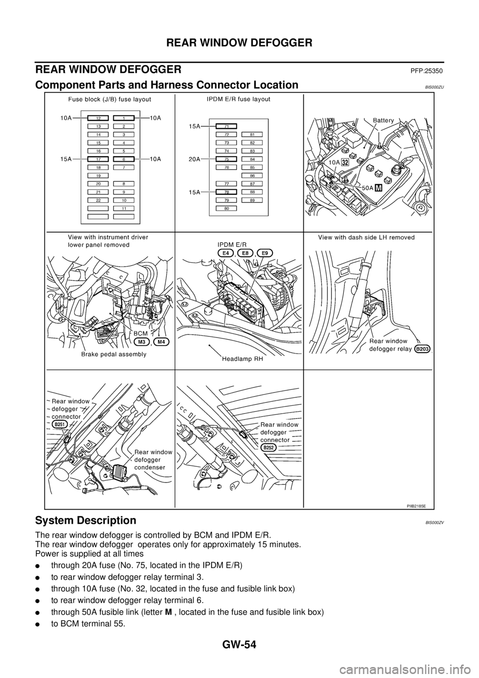 NISSAN TEANA 2003  Service Manual GW-54
REAR WINDOW DEFOGGER
 
REAR WINDOW DEFOGGERPFP:25350
Component Parts and Harness Connector LocationBIS000ZU
System DescriptionBIS000ZV
The rear window defogger is controlled by BCM and IPDM E/R.