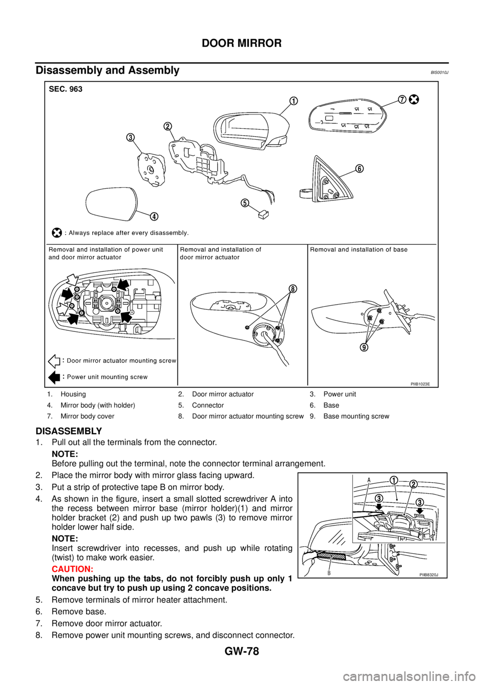 NISSAN TEANA 2003 Service Manual GW-78
DOOR MIRROR
Disassembly and AssemblyBIS0010J
DISASSEMBLY
1. Pull out all the terminals from the connector.
NOTE:
Before pulling out the terminal, note the connector terminal arrangement.
2. Pl NISSAN TEANA 2003 Service Manual GW-78
DOOR MIRROR
Disassembly and AssemblyBIS0010J
DISASSEMBLY
1. Pull out all the terminals from the connector.
NOTE:
Before pulling out the terminal, note the connector terminal arrangement.
2. Pl