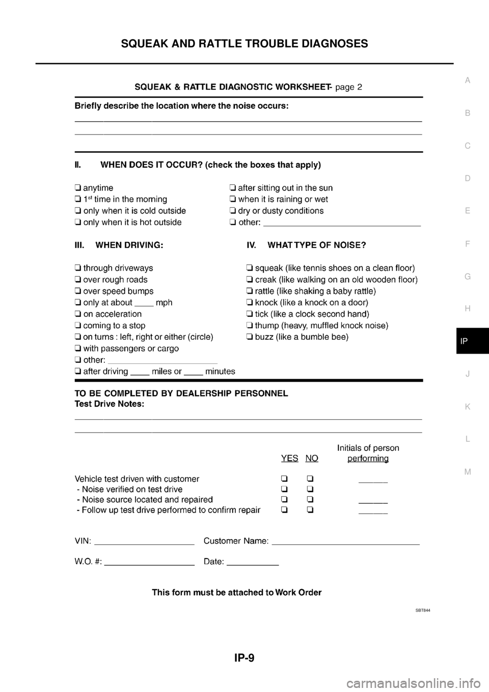 NISSAN TEANA 2003  Service Manual SQUEAK AND RATTLE TROUBLE DIAGNOSES
IP-9
C
D
E
F
G
H
J
K
L
MA
B
IP
 
SBT844 