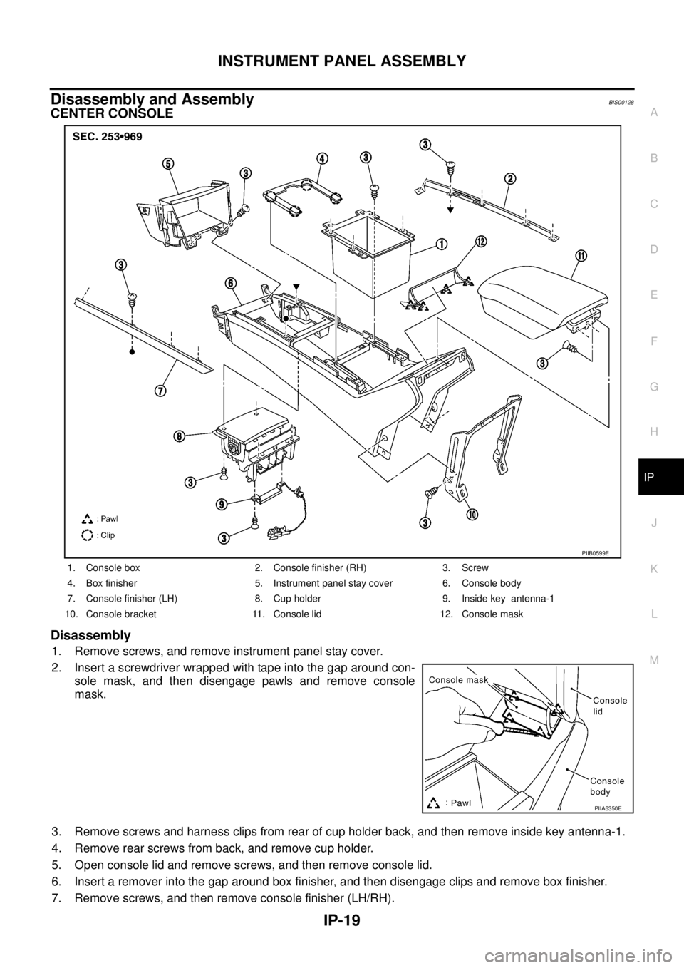 NISSAN TEANA 2003  Service Manual INSTRUMENT PANEL ASSEMBLY
IP-19
C
D
E
F
G
H
J
K
L
MA
B
IP
 
Disassembly and AssemblyBIS00128
CENTER CONSOLE
Disassembly
1. Remove screws, and remove instrument panel stay cover.
2. Insert a screwdrive