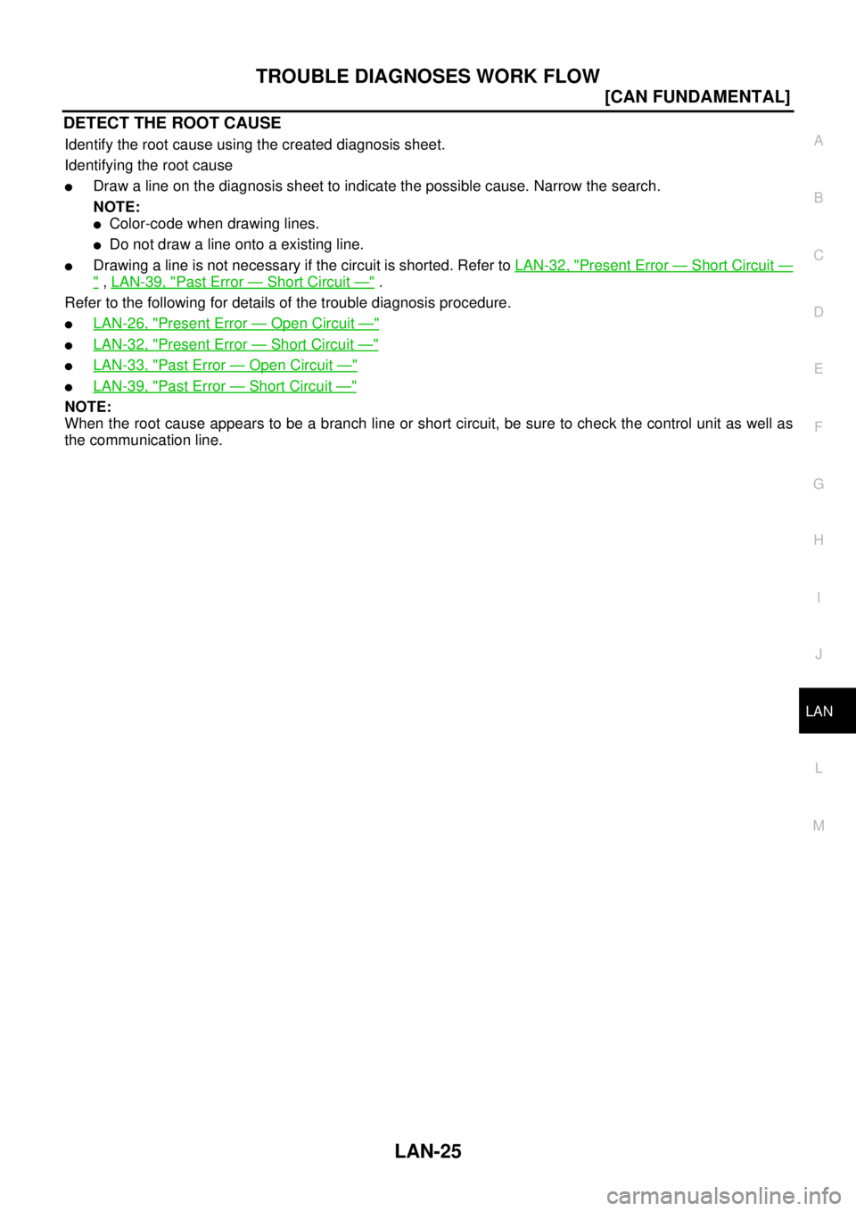 NISSAN TEANA 2003  Service Manual TROUBLE DIAGNOSES WORK FLOW
LAN-25
[CAN FUNDAMENTAL]
C
D
E
F
G
H
I
J
L
MA
B
LAN
 
DETECT THE ROOT CAUSE
Identify the root cause using the created diagnosis sheet.
Identifying the root cause
Draw a li